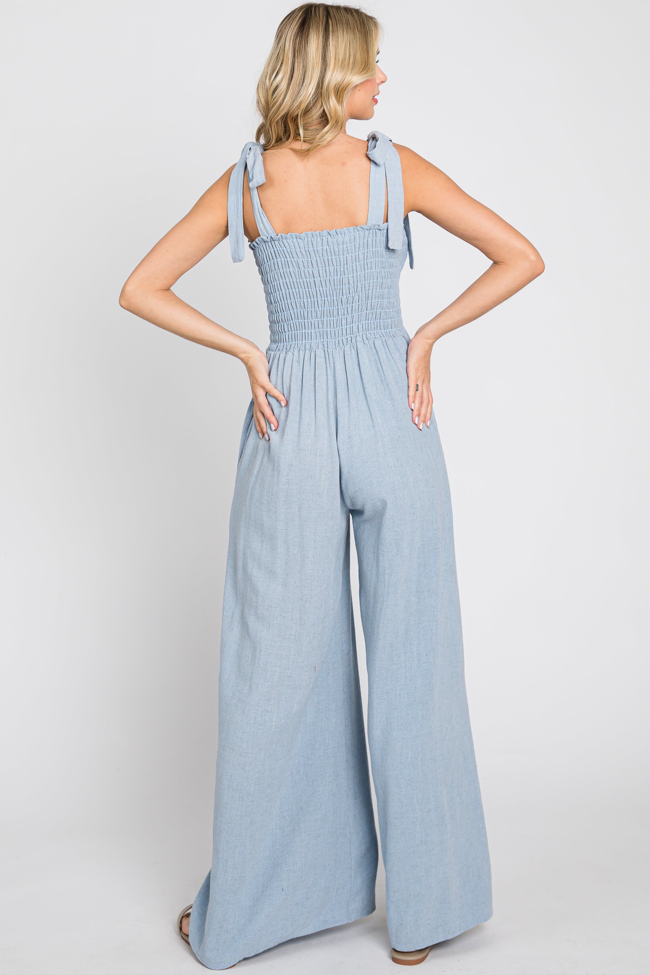 Light Blue Sleeveless Smocked Wide Leg Jumpsuit sold by Pinkblush product image thumbnail 3