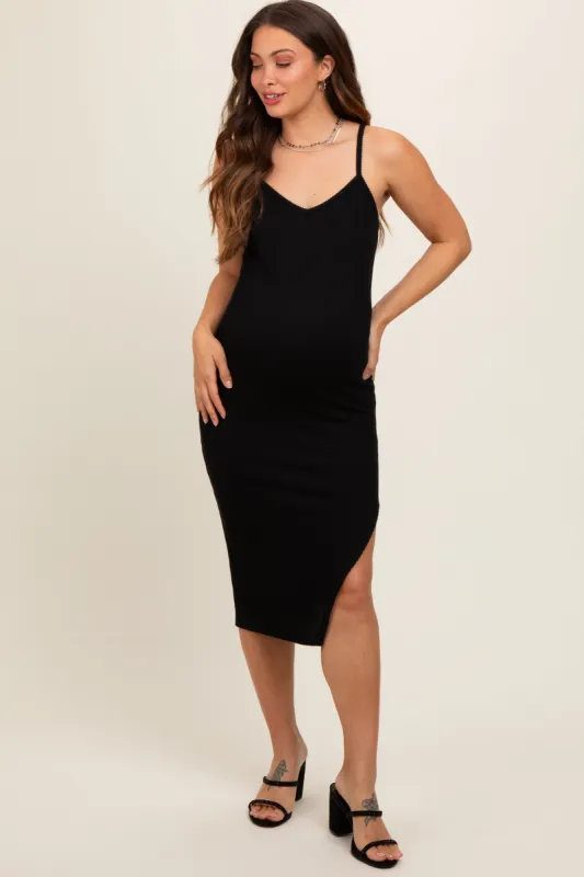Black Ribbed Side Slit Sleeveless Maternity Midi Dress sold by Pinkblush