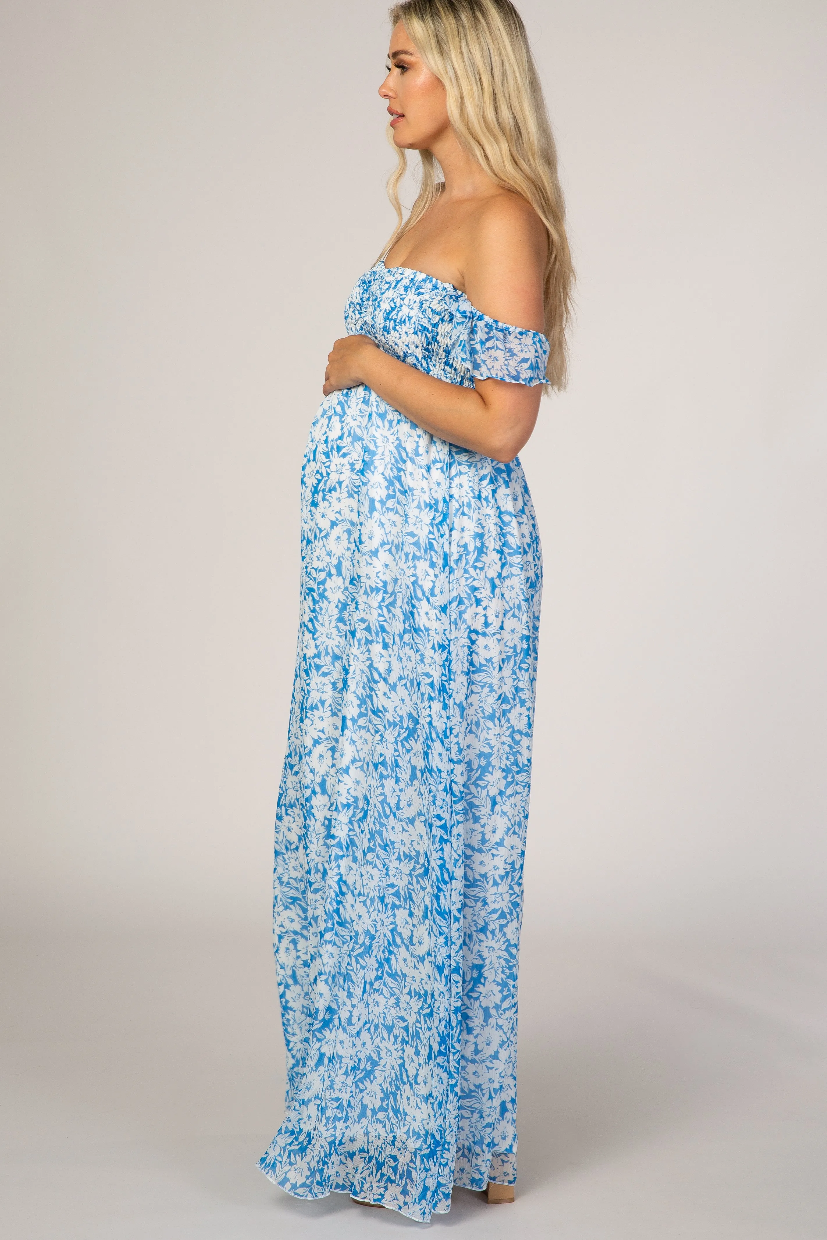 Blue Floral Flutter Sleeve Maternity Maxi Dress sold by Pinkblush product image thumbnail 2