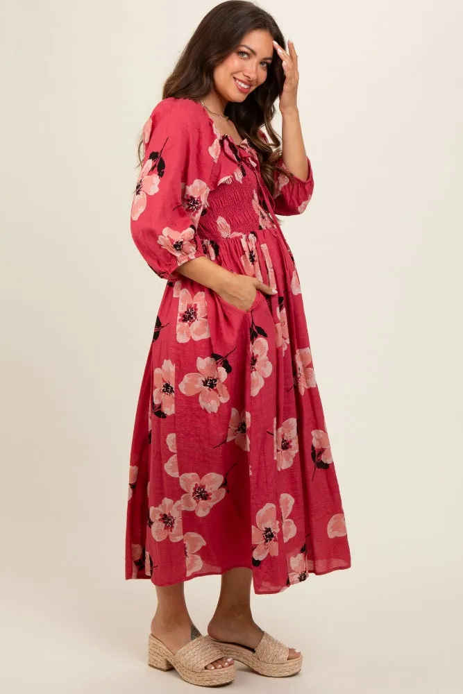 Red Floral Smocked Maternity Midi Dress sold by Pinkblush product image thumbnail 2
