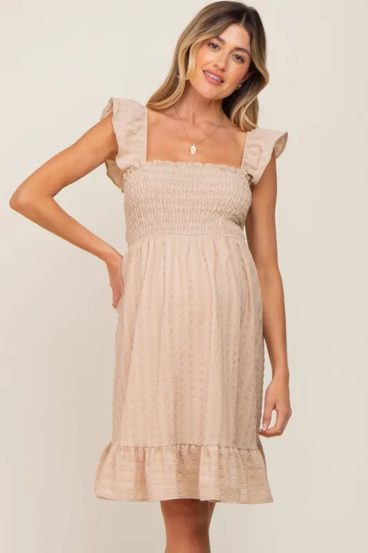 Taupe Textured Sleeveless Smocked Maternity Dress sold by Pinkblush