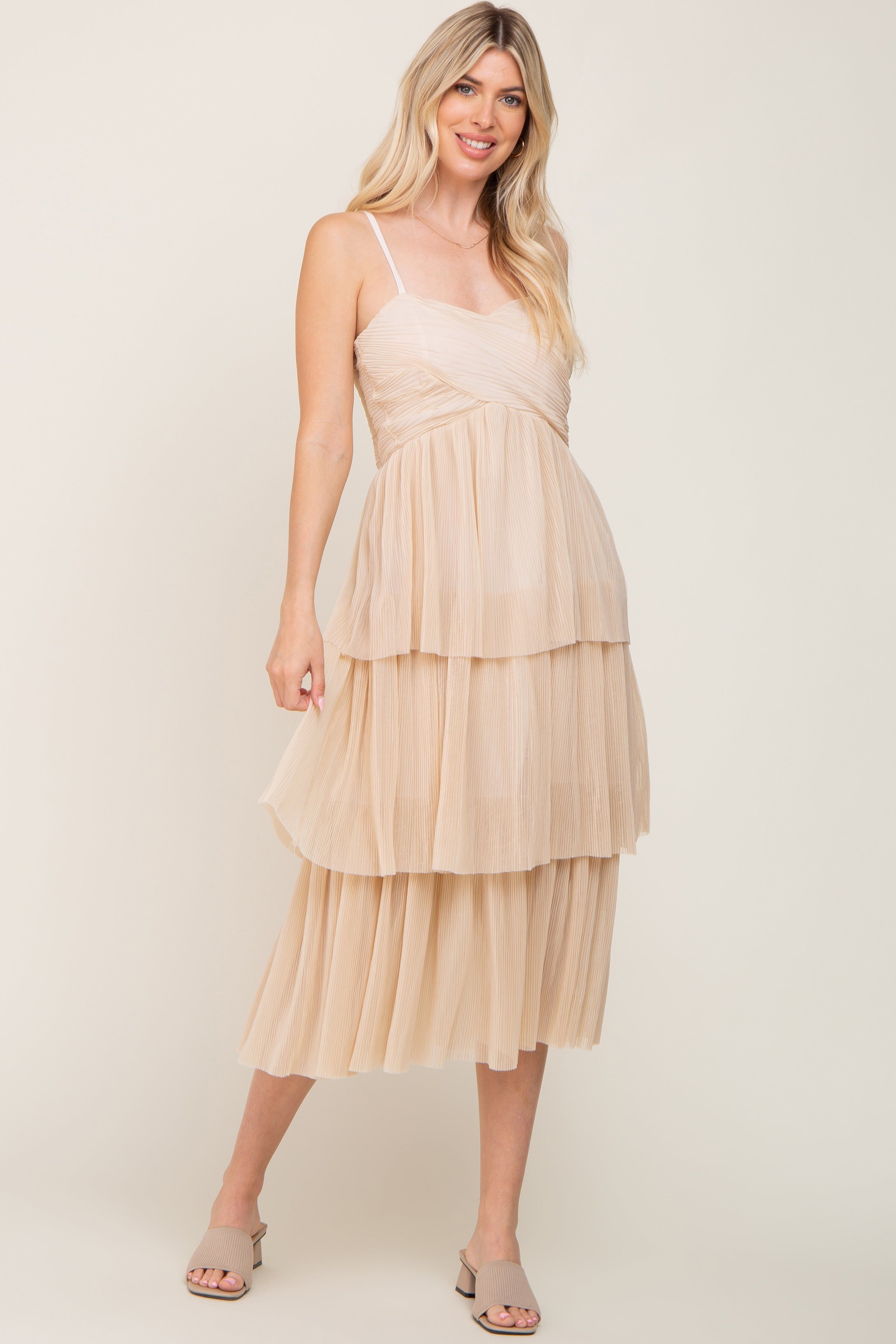 Beige Pleated Tiered Midi Dress sold by Pinkblush product image thumbnail 4