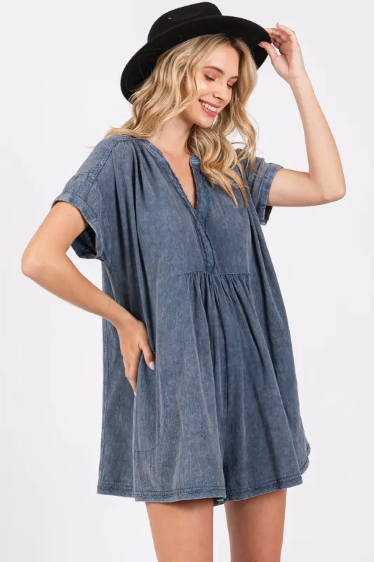 Blue Cuffed Sleeve Romper sold by Pinkblush