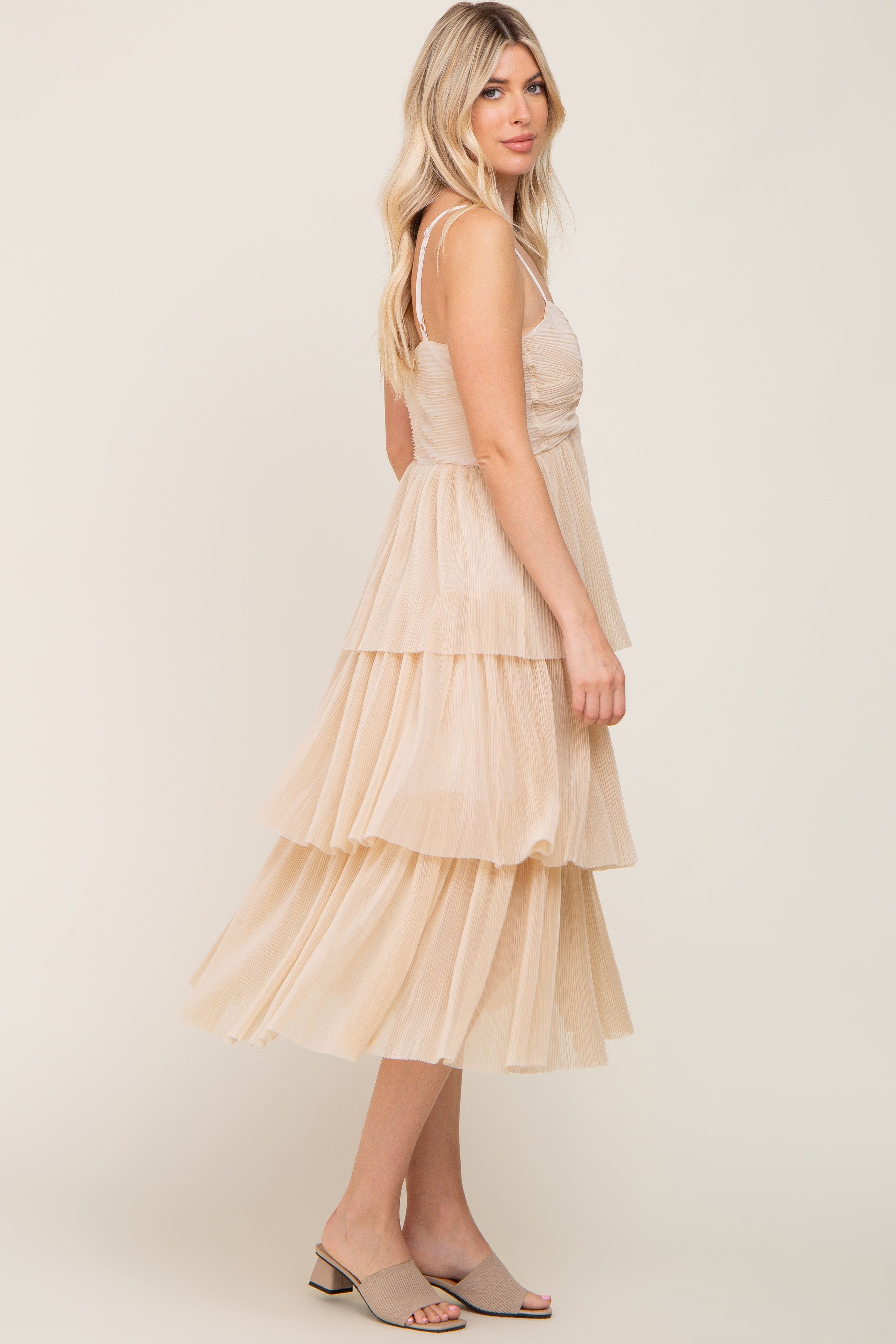 Beige Pleated Tiered Midi Dress sold by Pinkblush product image thumbnail 2