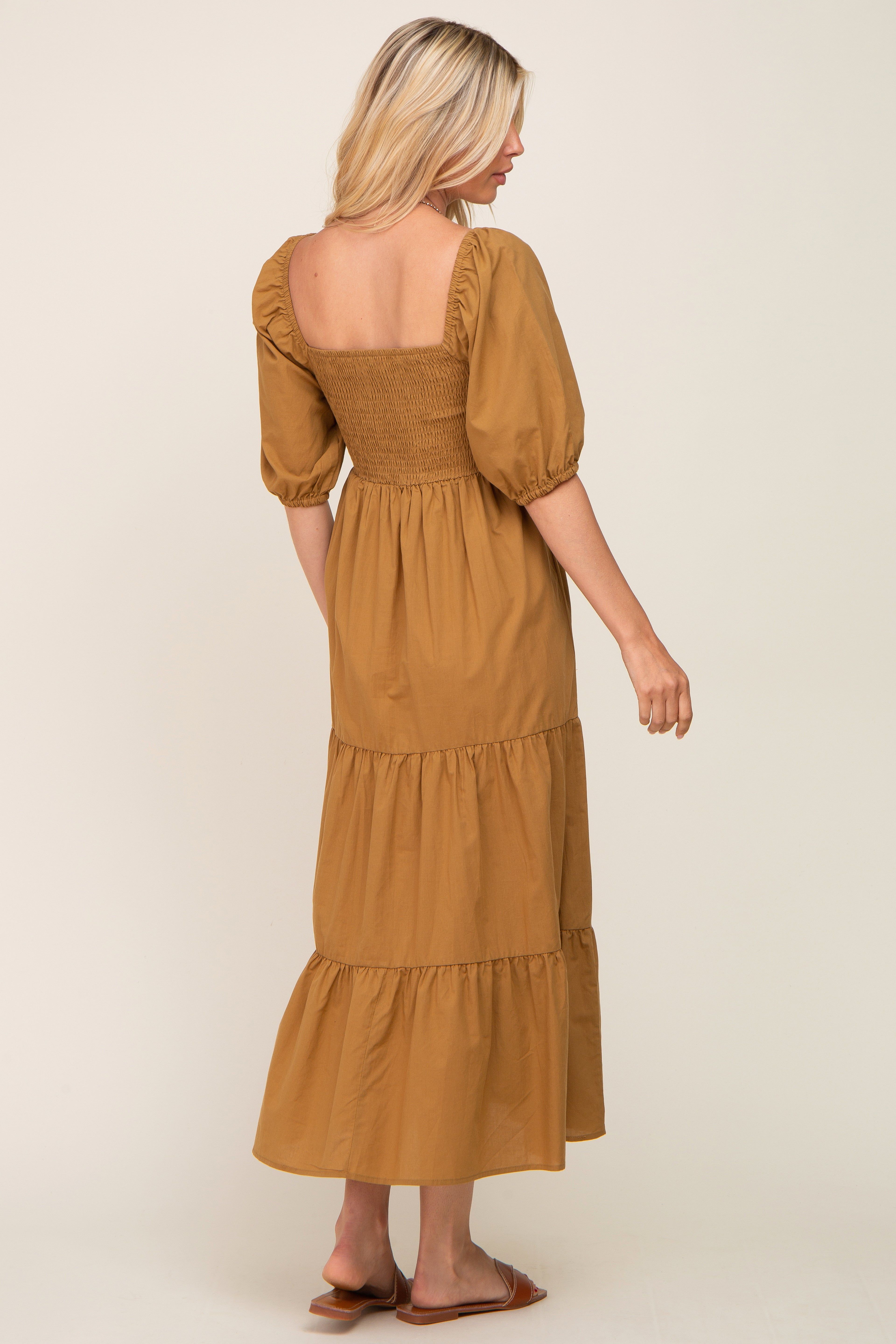 Camel Square Neck Smocked Tiered Maxi Dress sold by Pinkblush product image thumbnail 3
