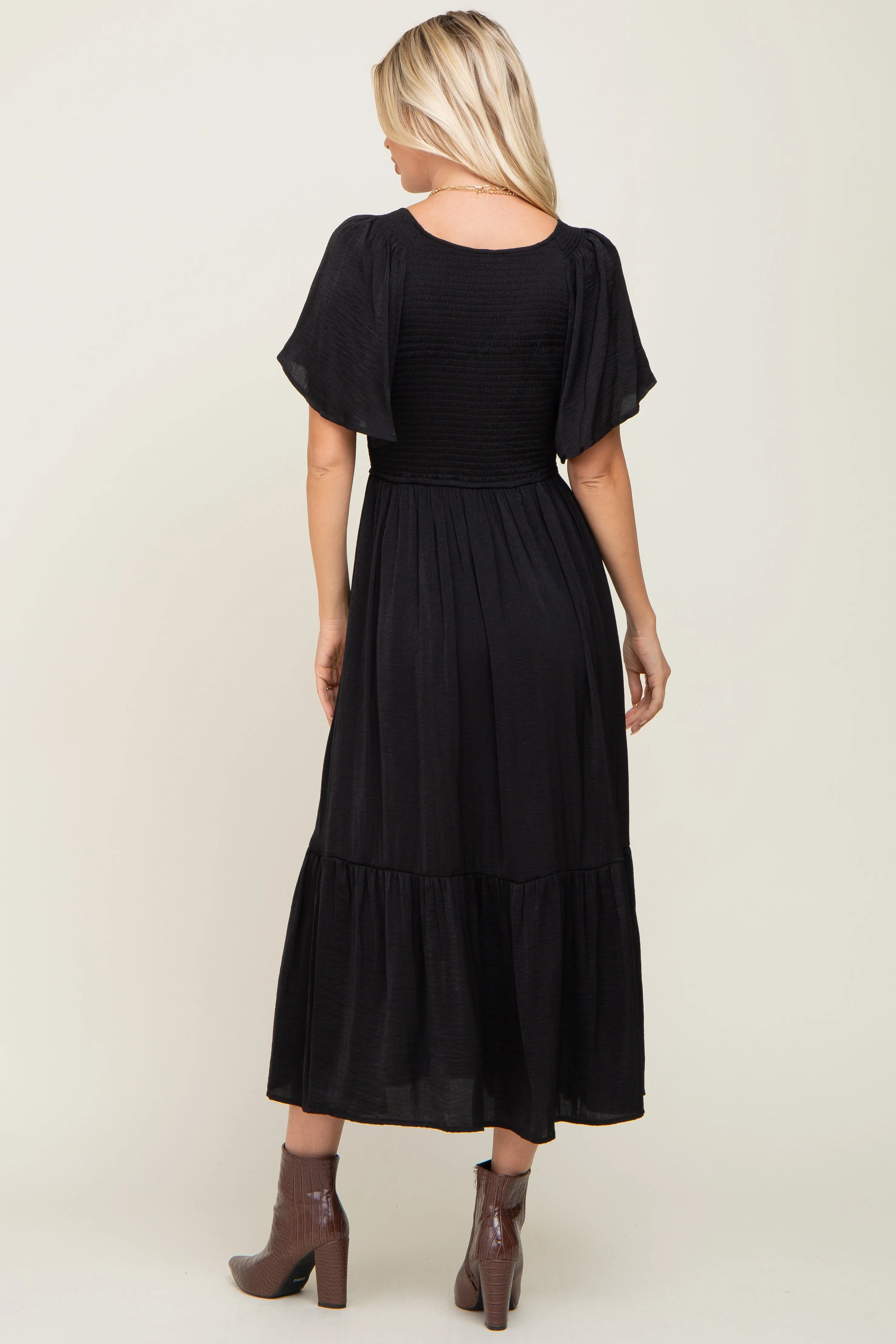 Black Satin Smocked Midi Dress sold by Pinkblush product image thumbnail 3