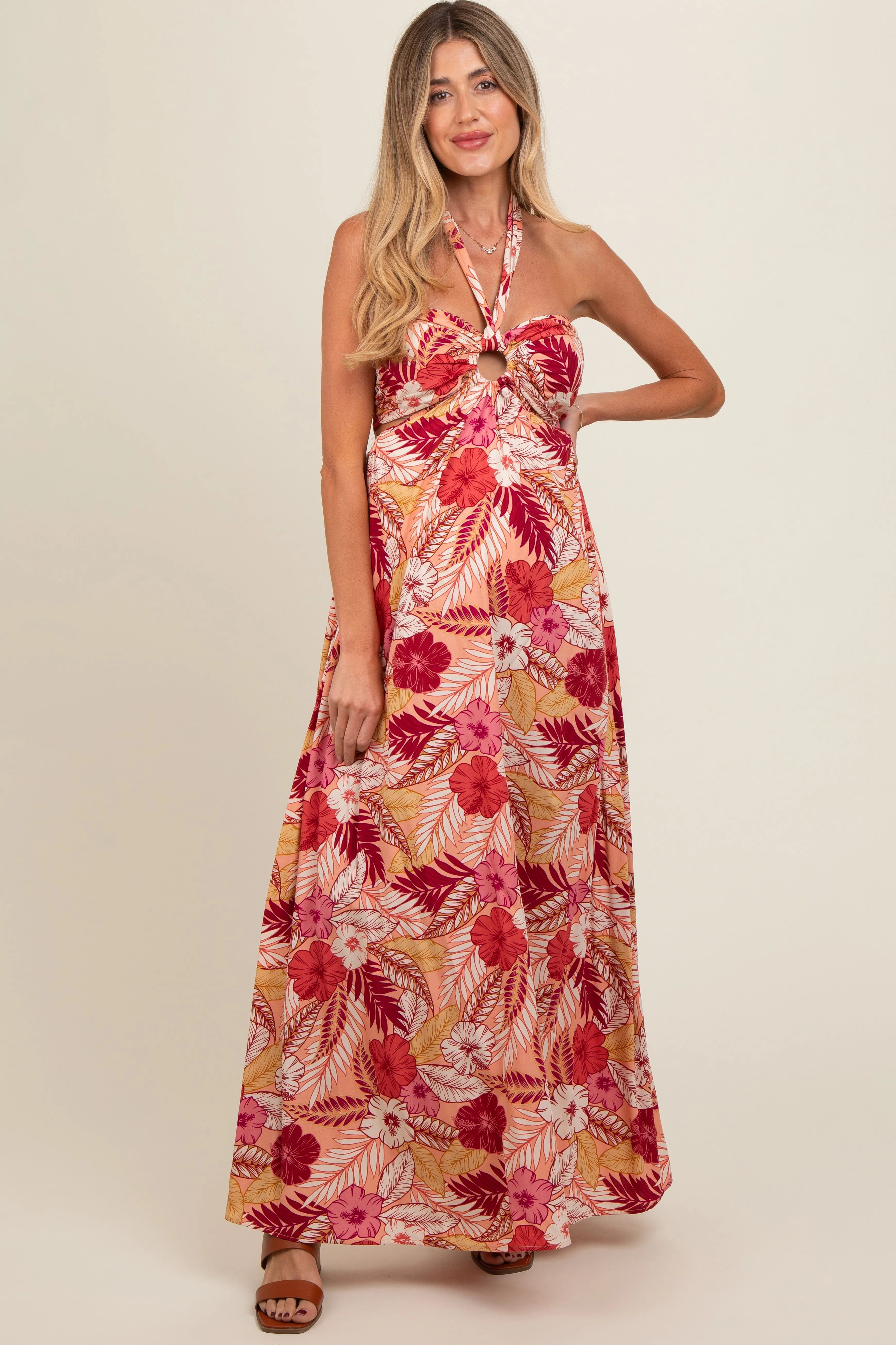 Peach Tropical Print Cutout Halter Neck Maternity Maxi Dress sold by Pinkblush
