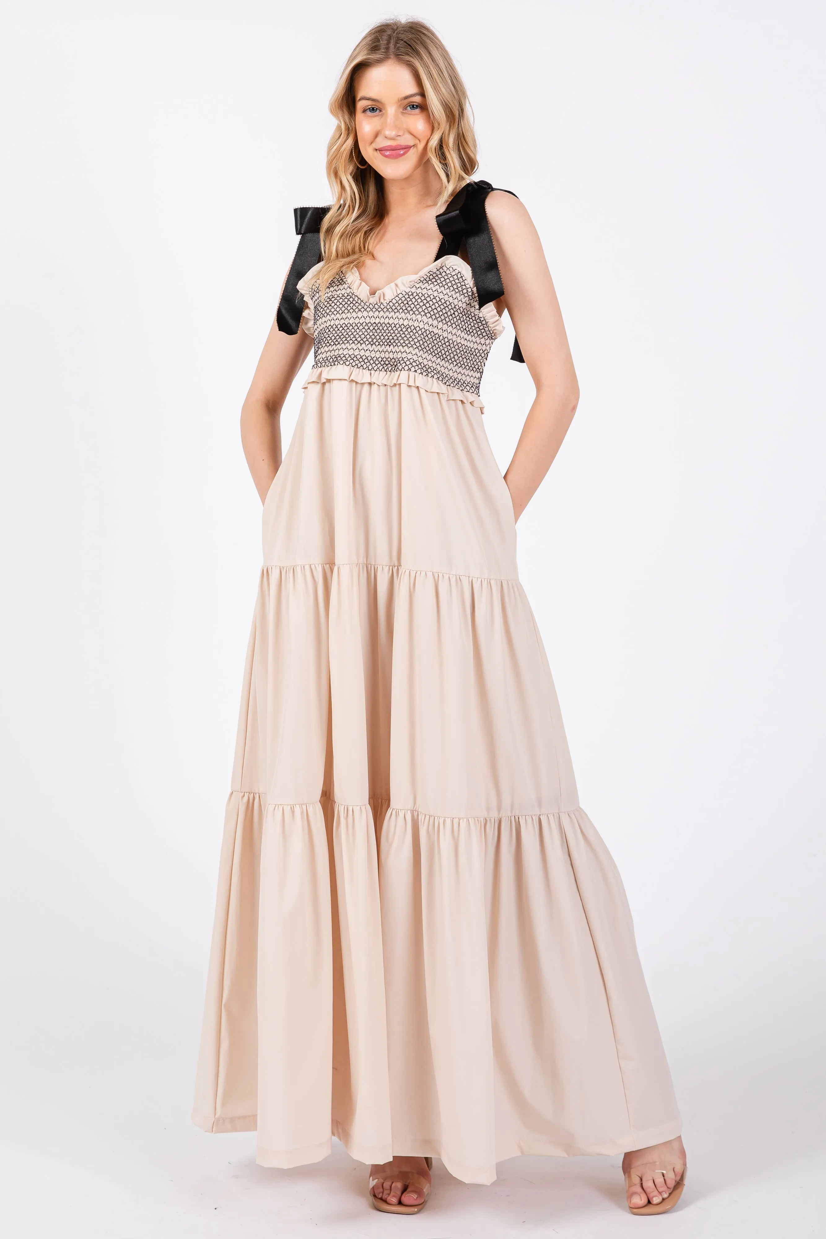 Beige Sweetheart Neck Smocked Embroidered Ribbon Shoulder Tie Maternity Midi Dress sold by Pinkblush product image thumbnail 3