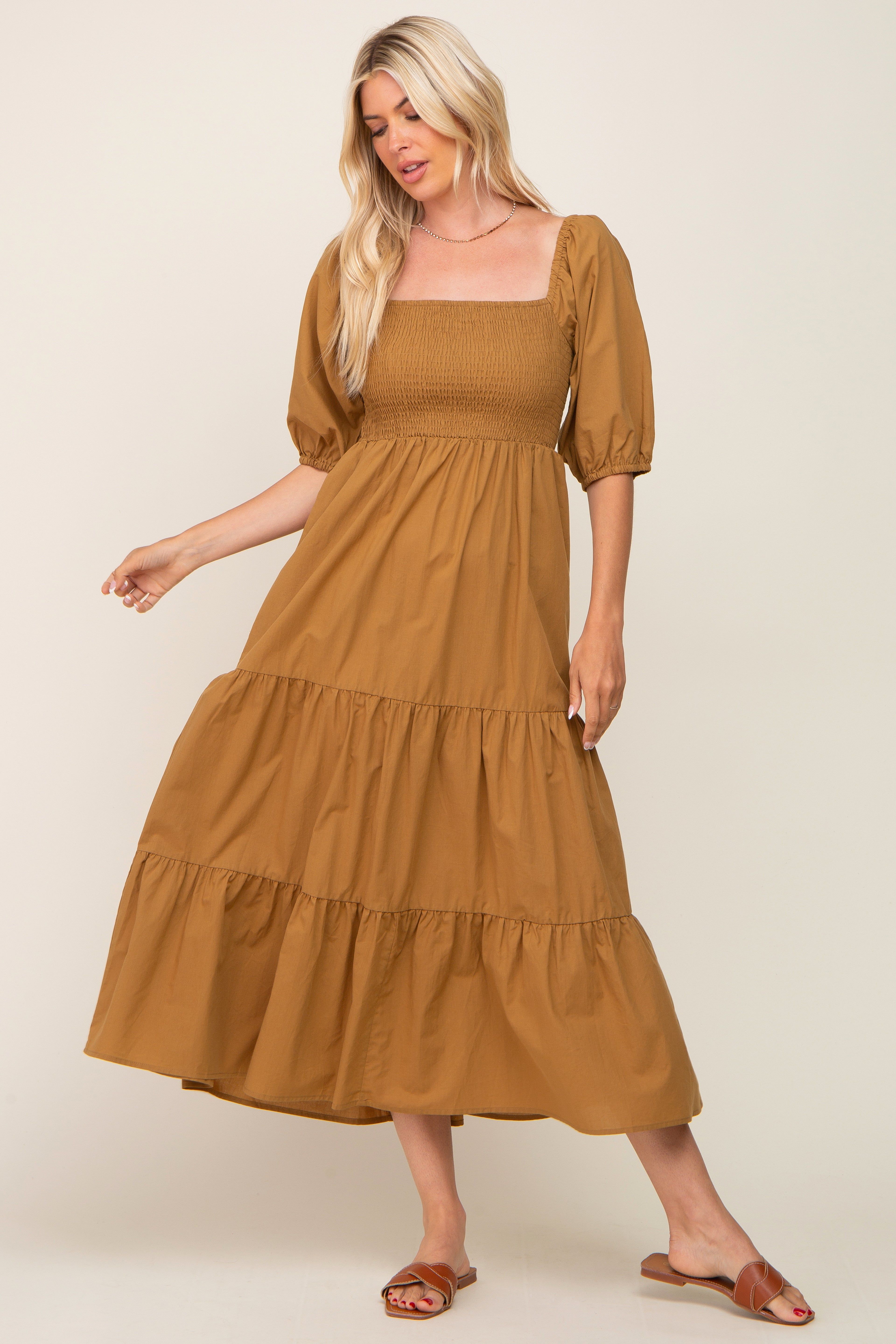 Camel Square Neck Smocked Tiered Maxi Dress sold by Pinkblush product image thumbnail 4
