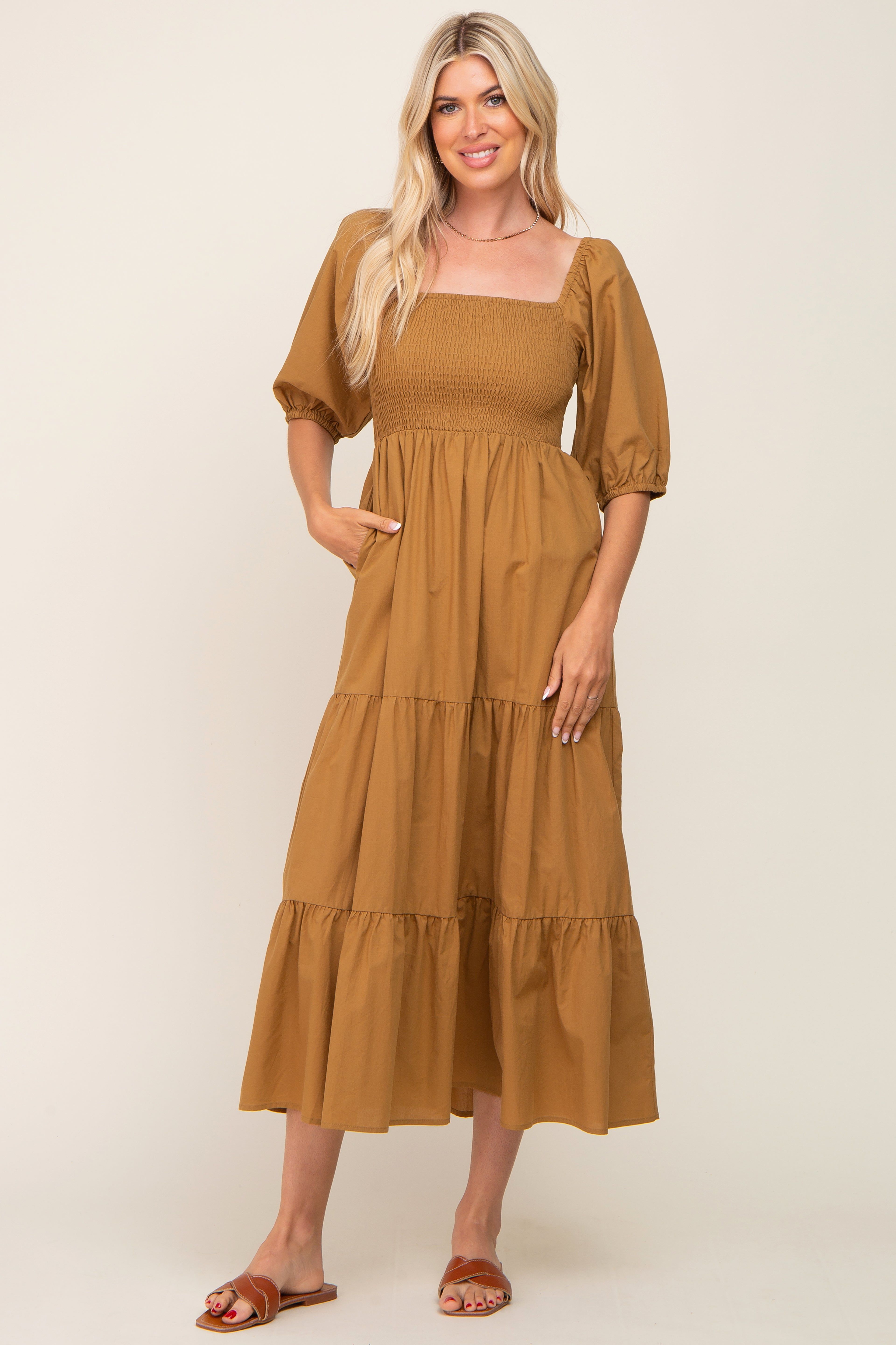 Camel Square Neck Smocked Tiered Maxi Dress sold by Pinkblush