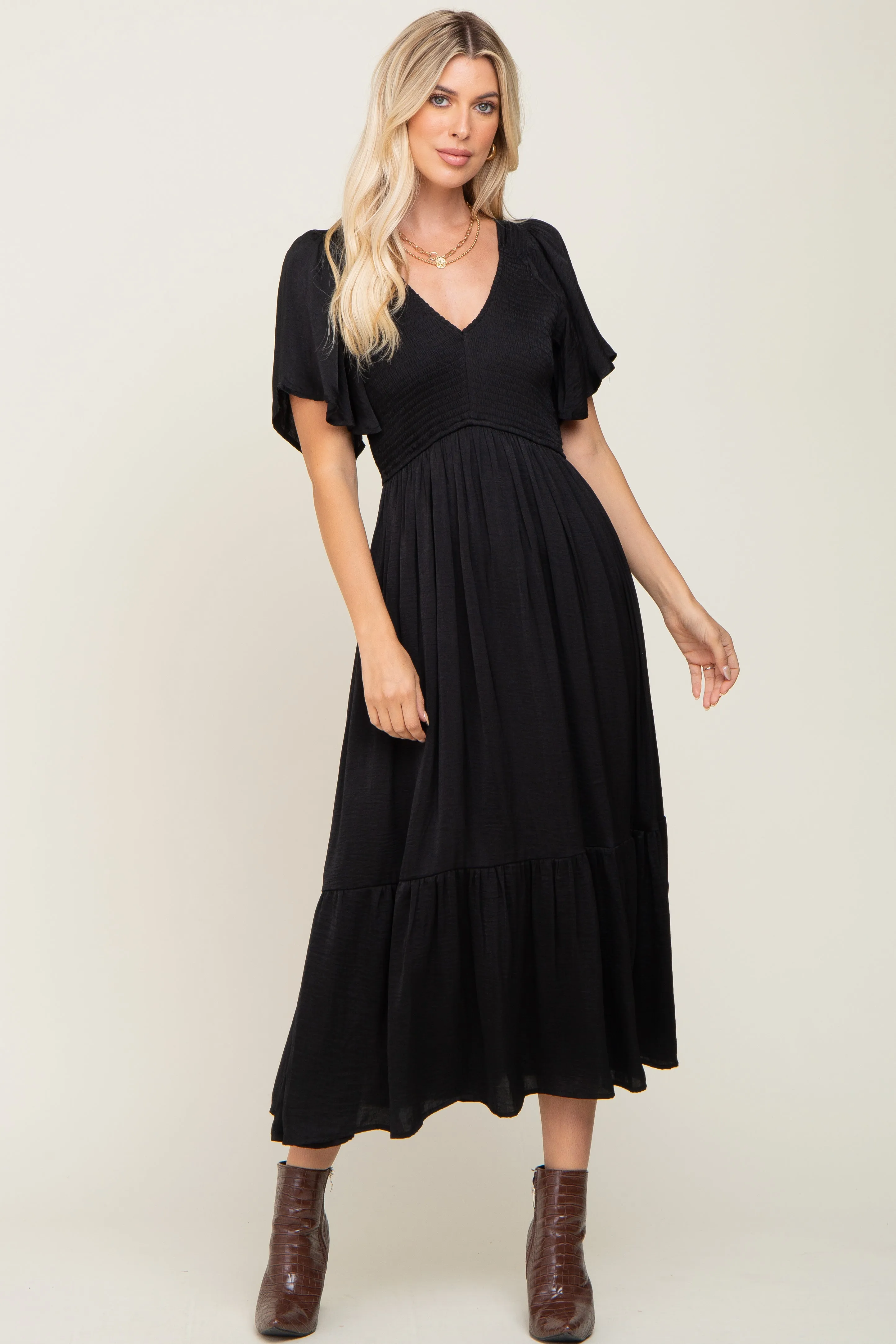 Black Satin Smocked Midi Dress sold by Pinkblush product image thumbnail 4