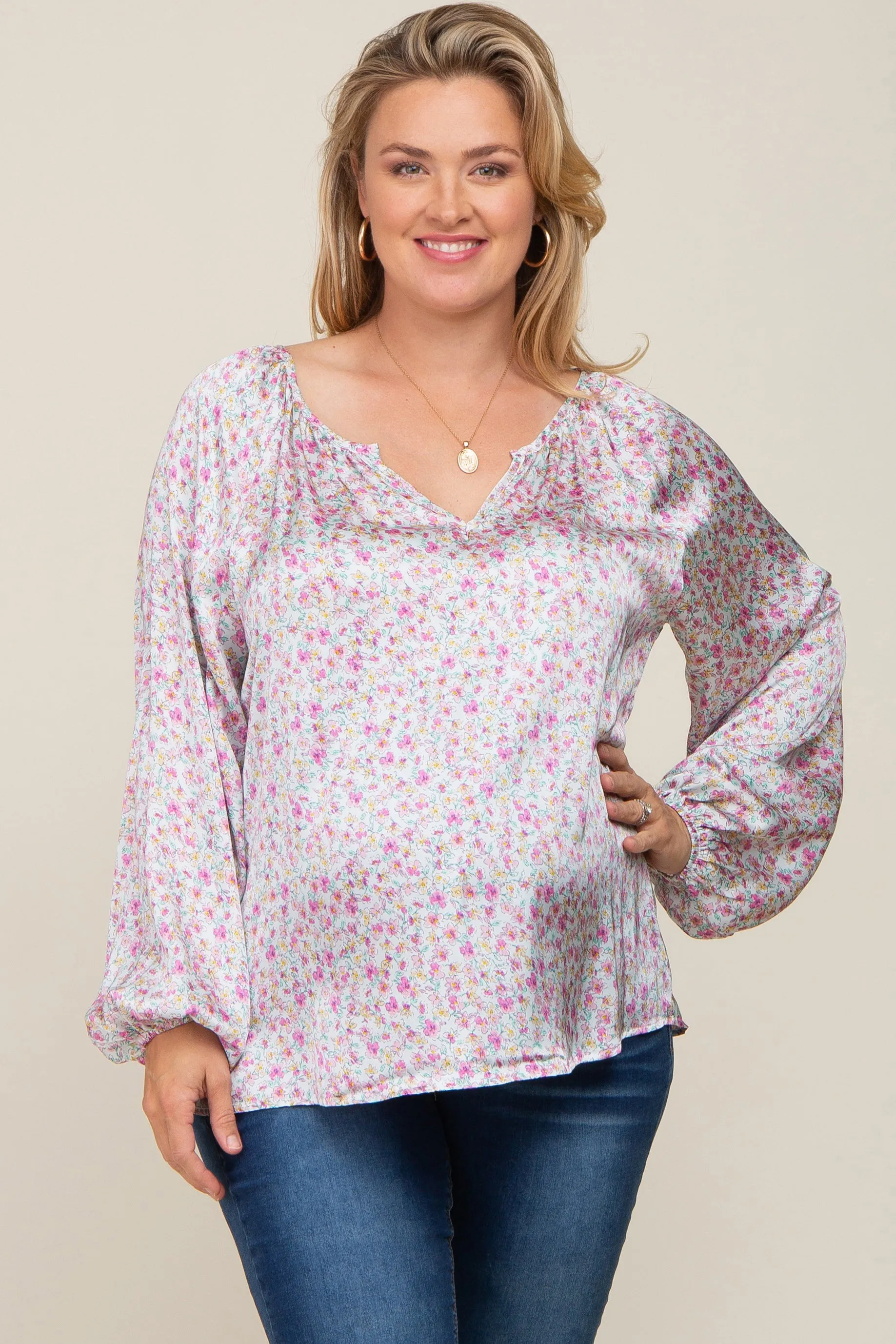 White Micro Floral Plus Maternity Blouse sold by Pinkblush
