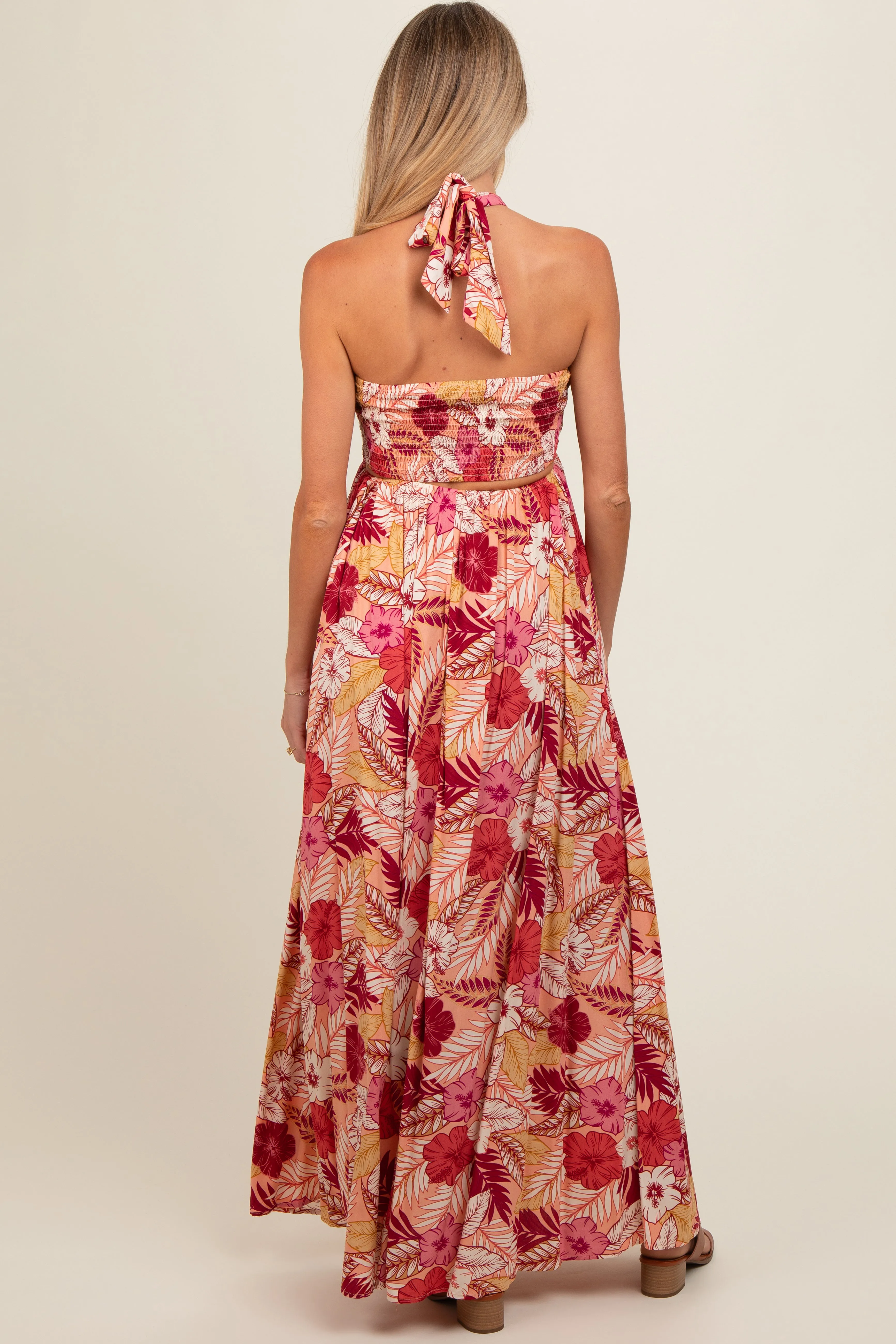 Peach Tropical Print Cutout Halter Neck Maternity Maxi Dress sold by Pinkblush product image thumbnail 4