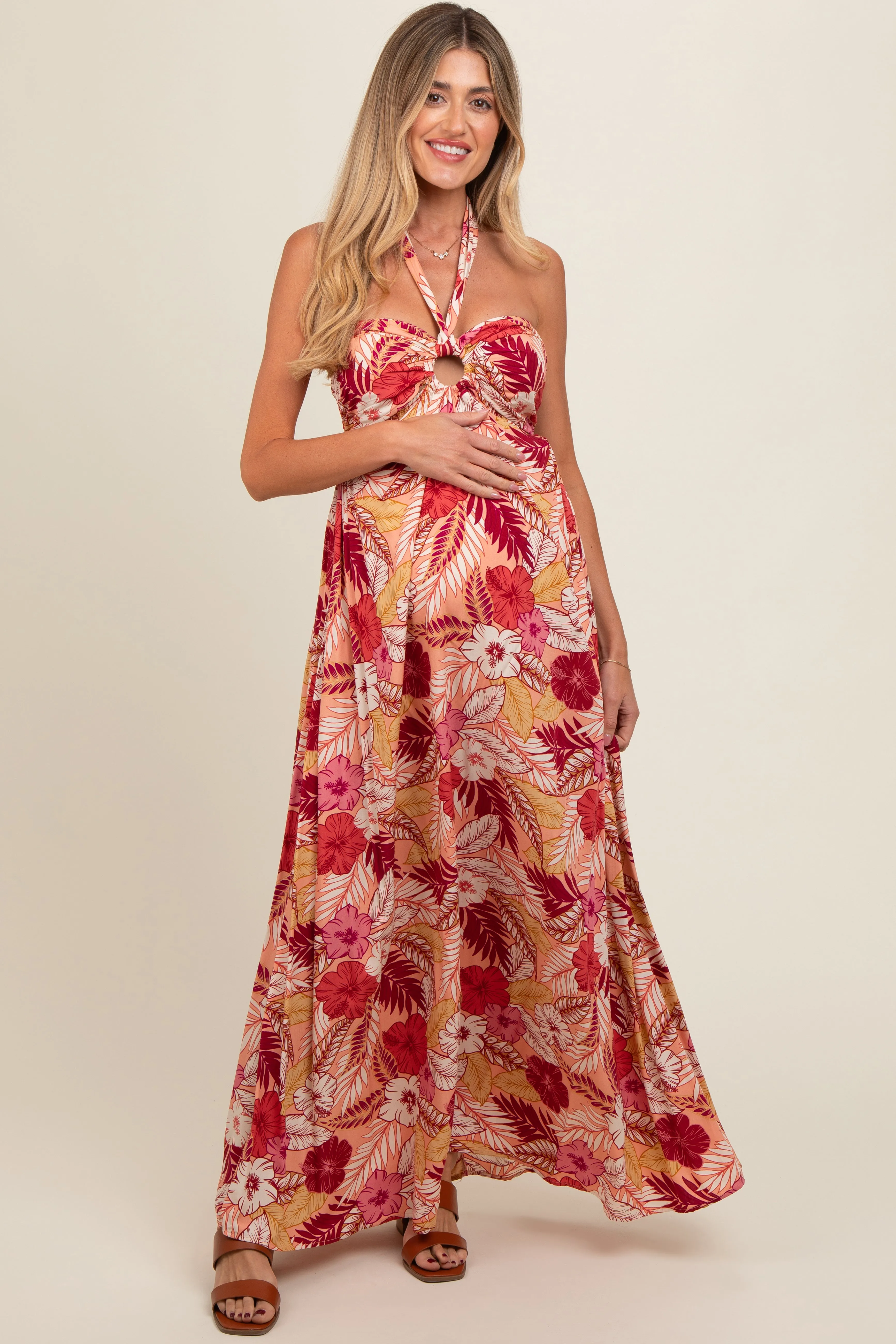 Peach Tropical Print Cutout Halter Neck Maternity Maxi Dress sold by Pinkblush product image thumbnail 2