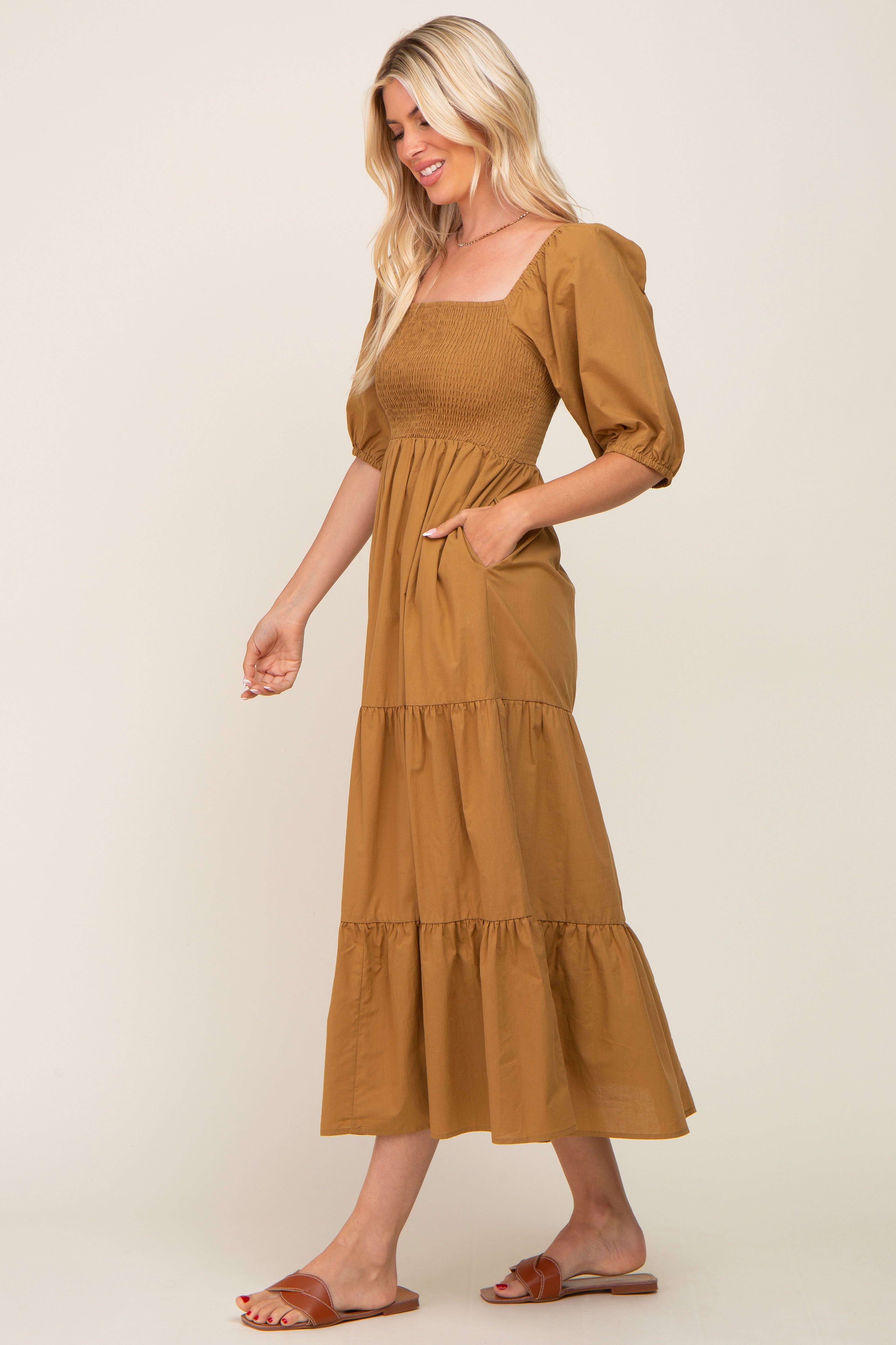 Camel Square Neck Smocked Tiered Maxi Dress sold by Pinkblush product image thumbnail 2