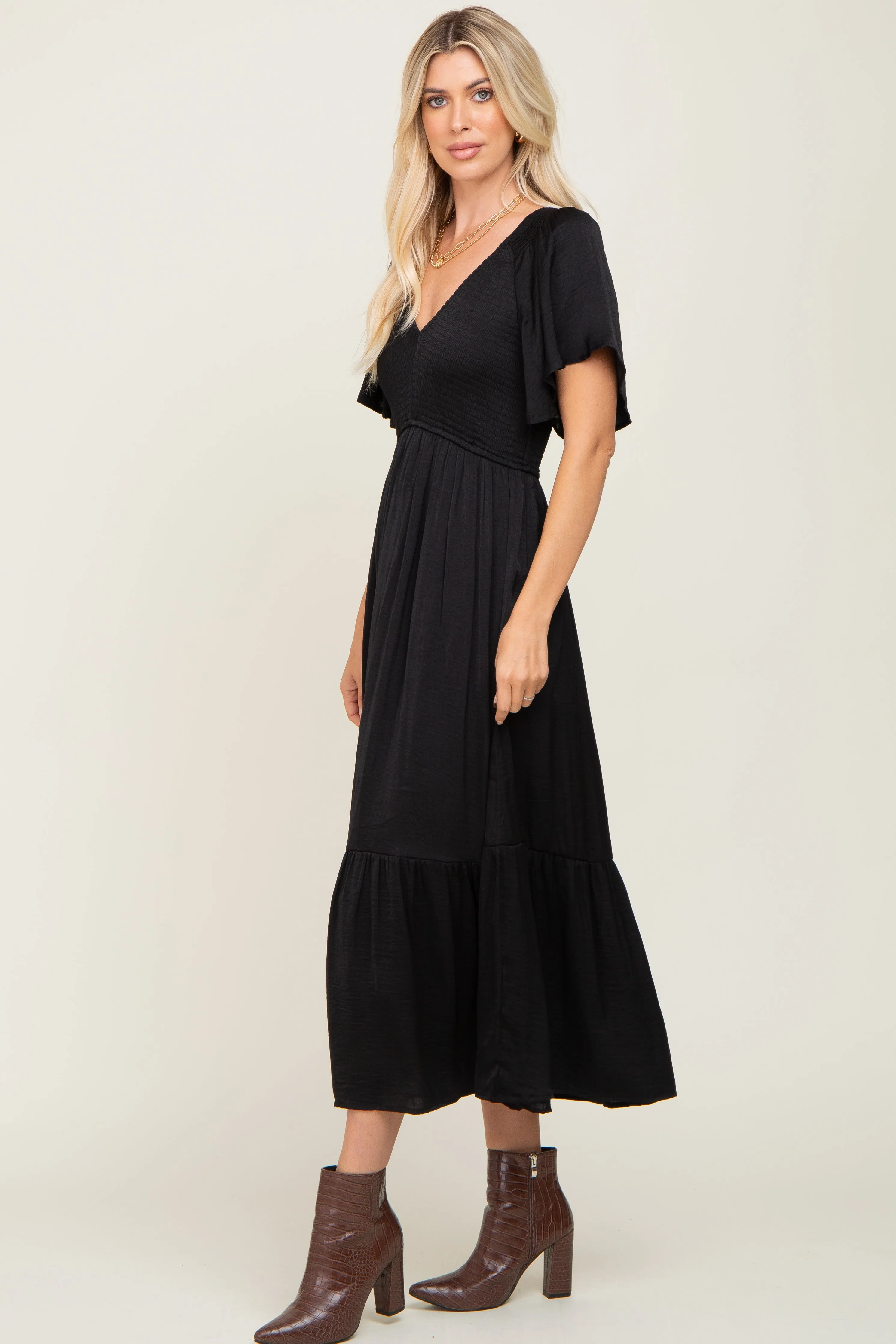 Black Satin Smocked Midi Dress sold by Pinkblush product image thumbnail 2