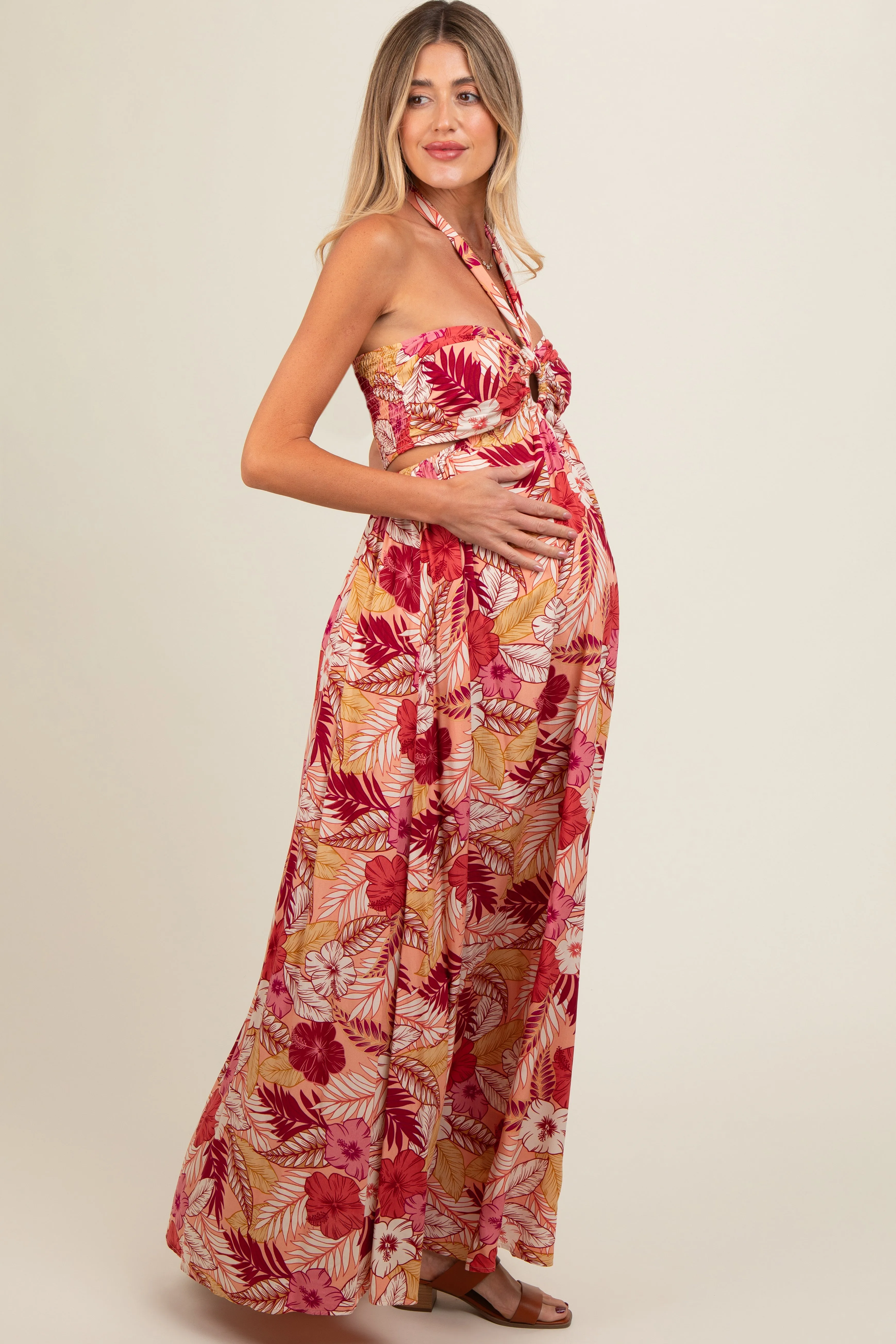 Peach Tropical Print Cutout Halter Neck Maternity Maxi Dress sold by Pinkblush product image thumbnail 3