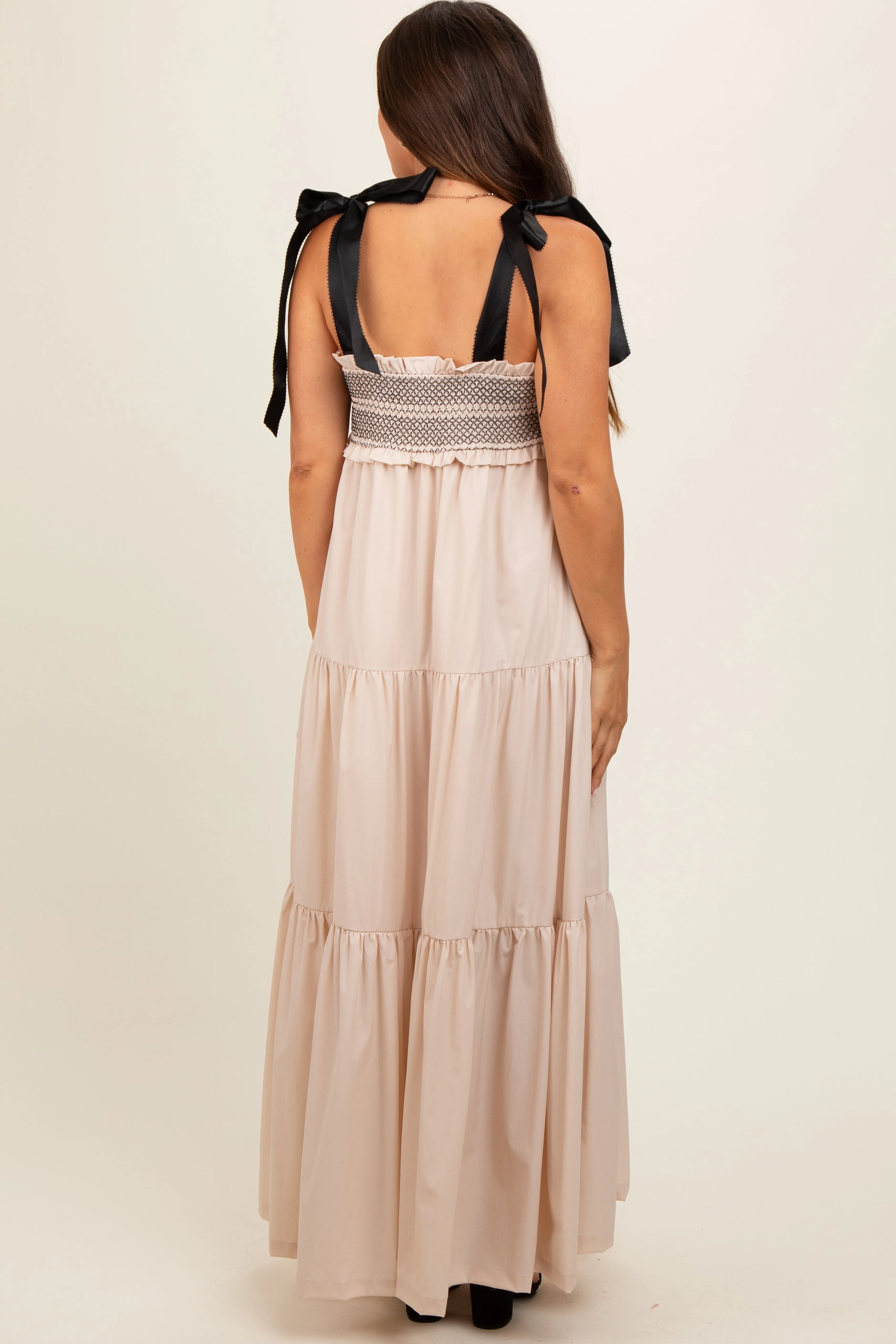 Beige Sweetheart Neck Smocked Embroidered Ribbon Shoulder Tie Maternity Midi Dress sold by Pinkblush product image thumbnail 2