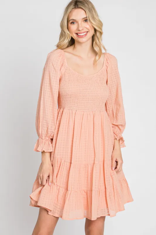 Peach Smocked Tiered 3/4 Ruffle Sleeve Dress sold by Pinkblush