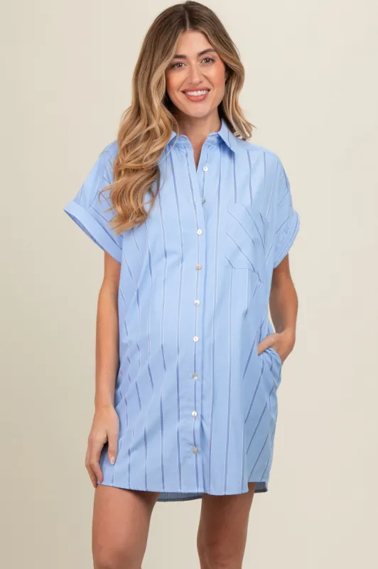 Blue Striped Maternity Shirt Mini Dress sold by Pinkblush