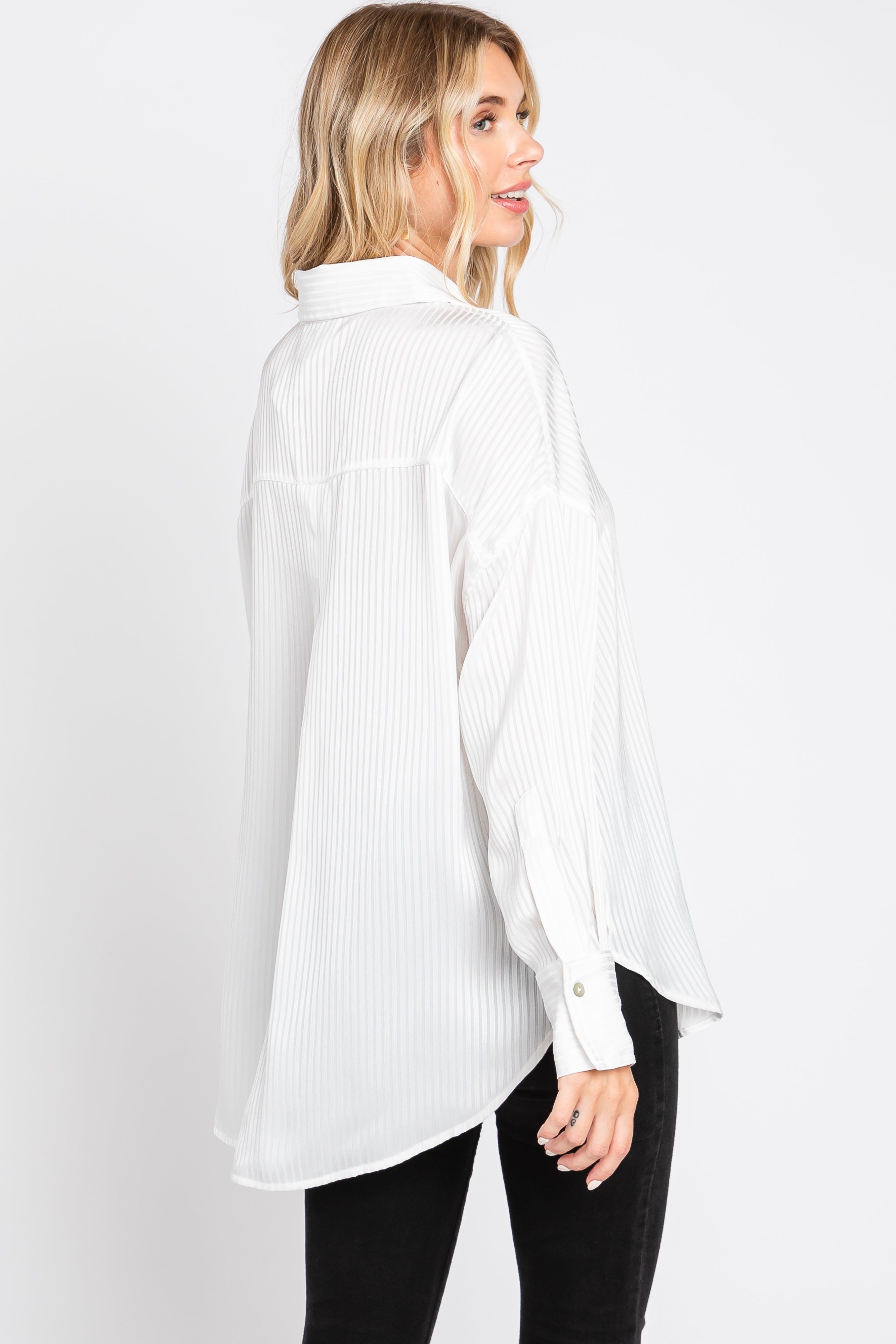 White Striped Silky Button Down Blouse sold by Pinkblush product image thumbnail 3