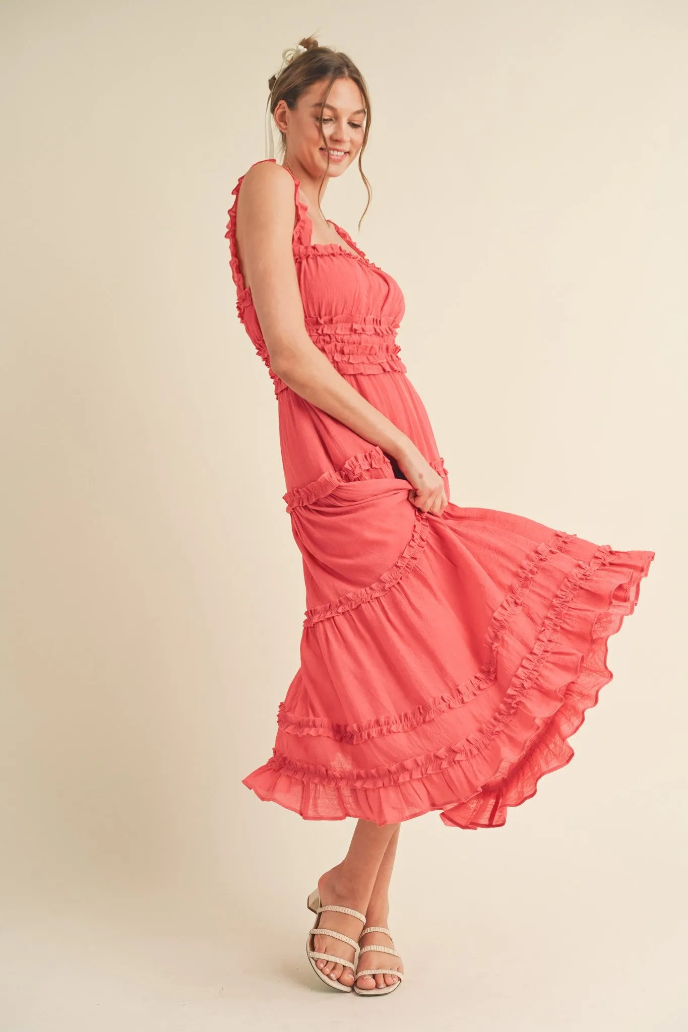 Coral Red Ruffled Midi Dress sold by Pinkblush product image thumbnail 2