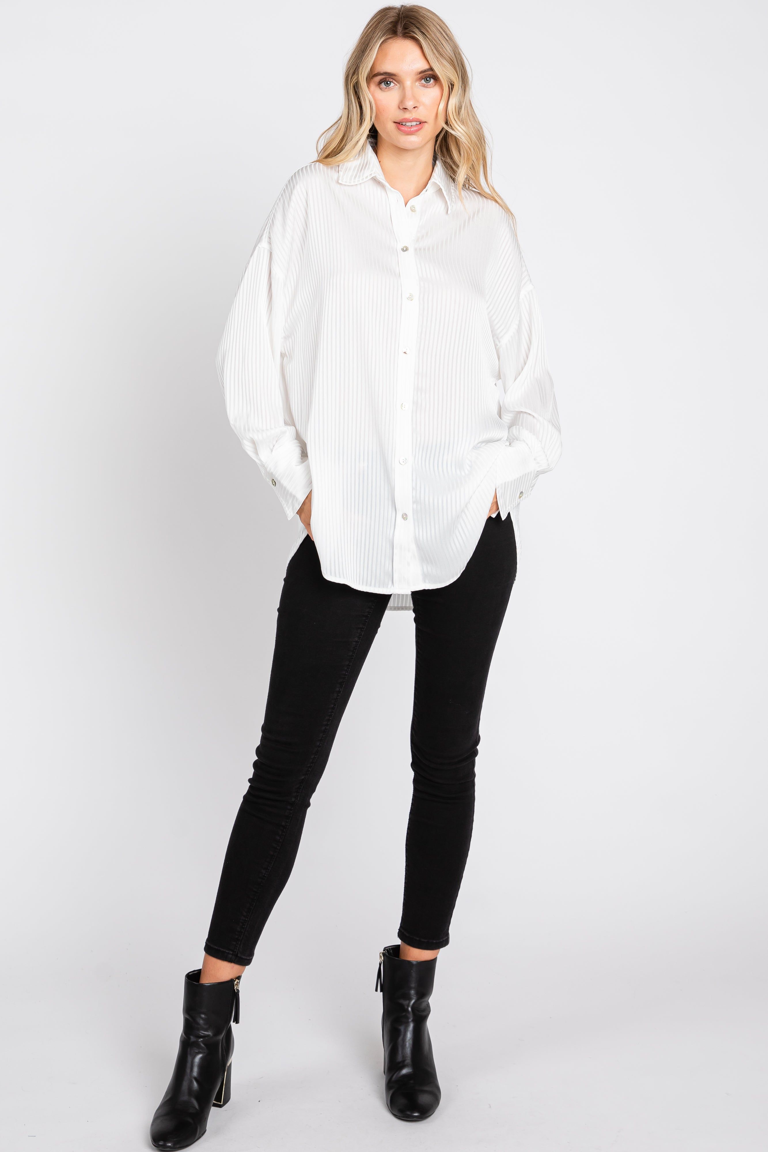 White Striped Silky Button Down Blouse sold by Pinkblush product image thumbnail 4