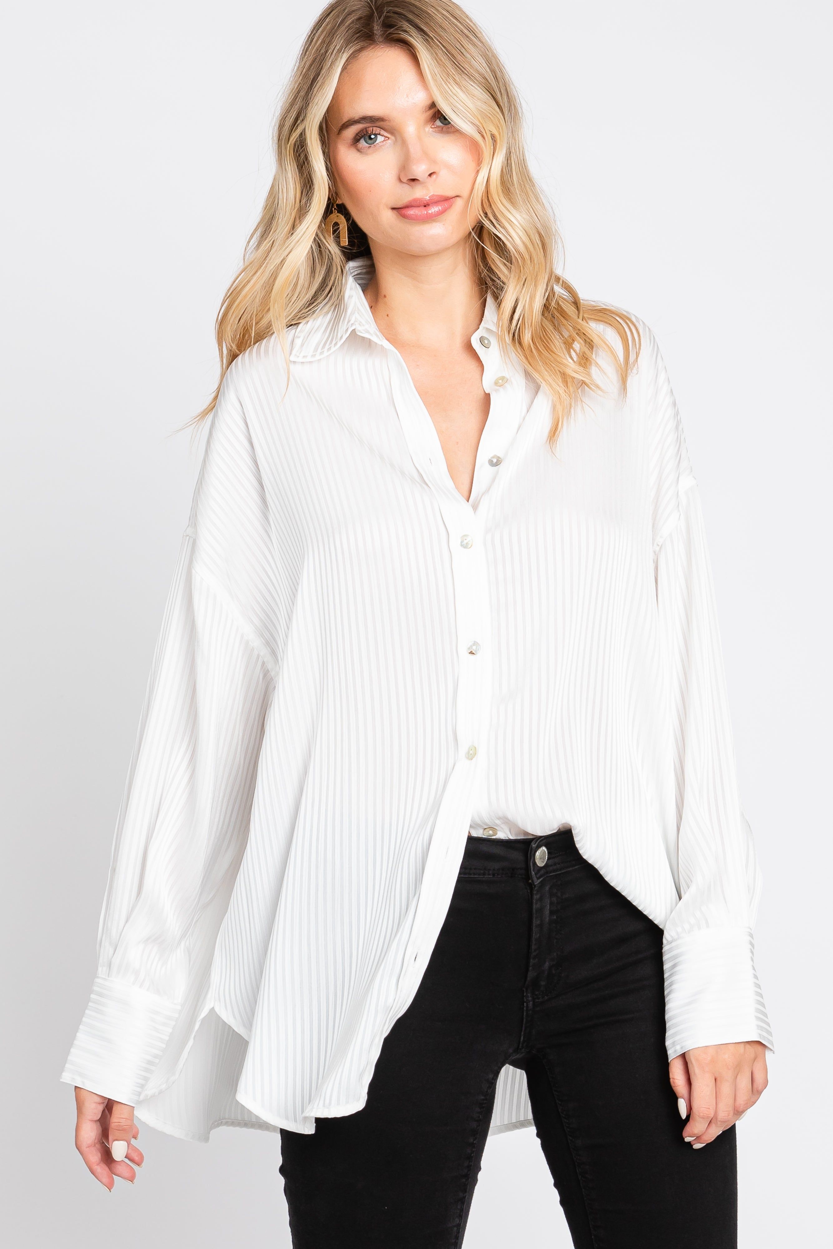 White Striped Silky Button Down Blouse sold by Pinkblush