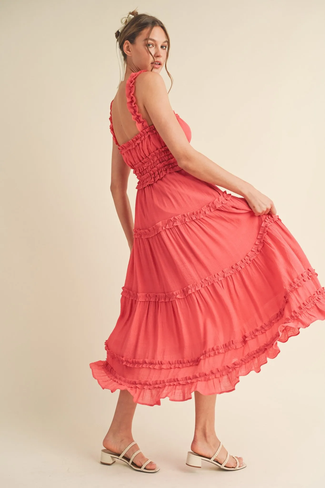 Coral Red Ruffled Midi Dress sold by Pinkblush product image thumbnail 3