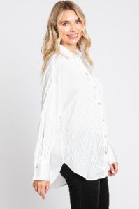 White Striped Silky Button Down Blouse sold by Pinkblush