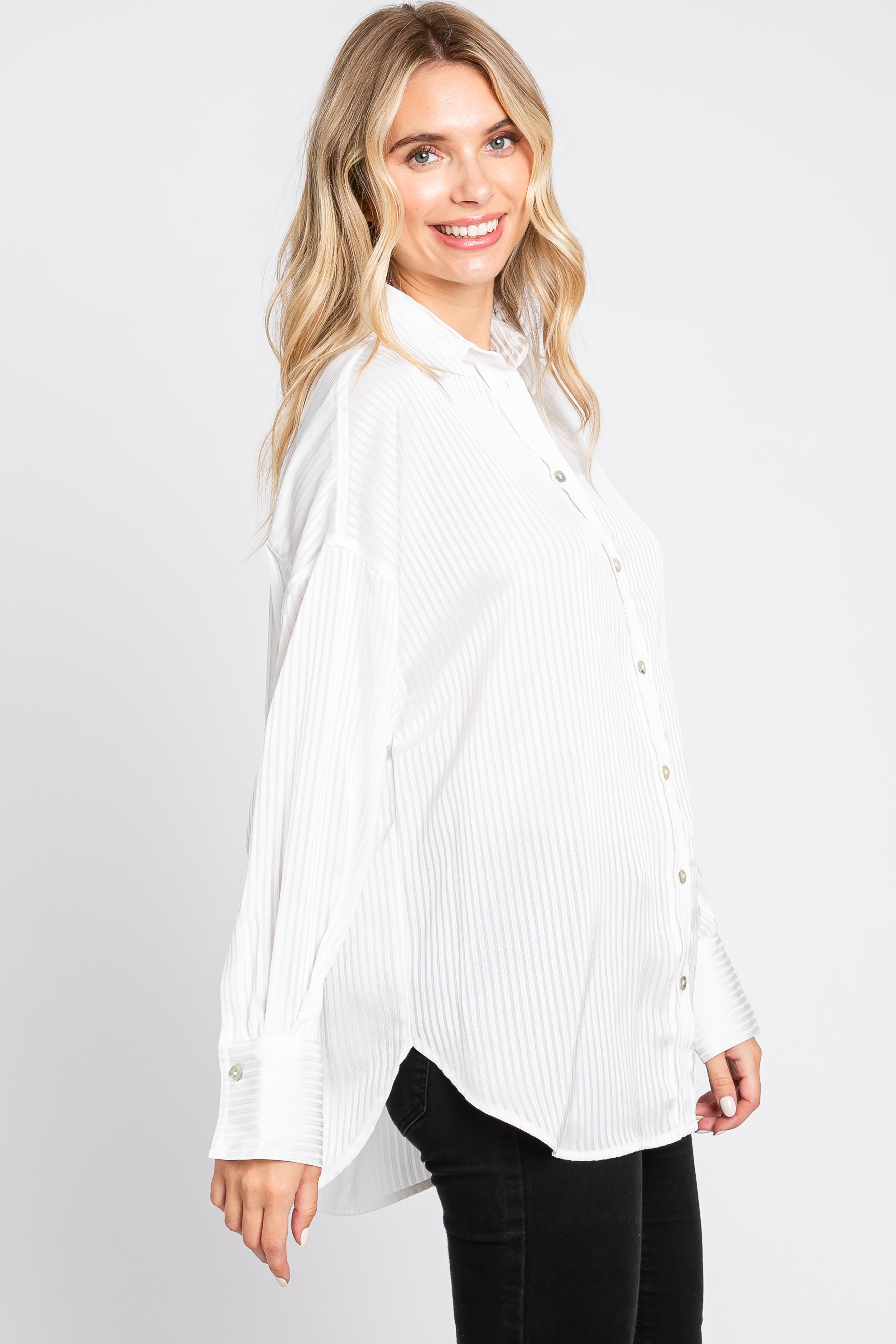 White Striped Silky Button Down Blouse sold by Pinkblush product image thumbnail 2