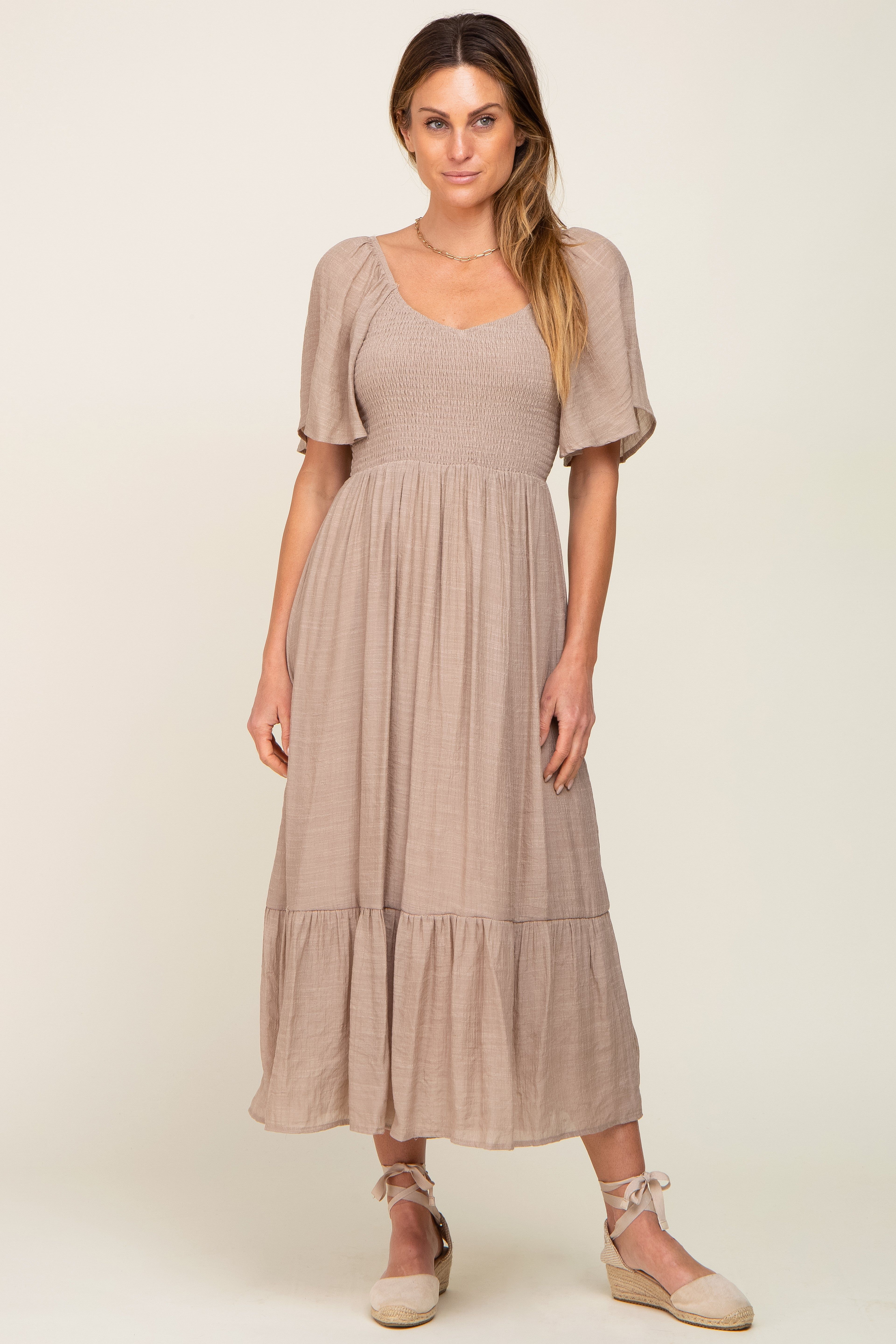 Mocha Smocked Ruffle Hem Maxi Dress sold by Pinkblush product image thumbnail 4