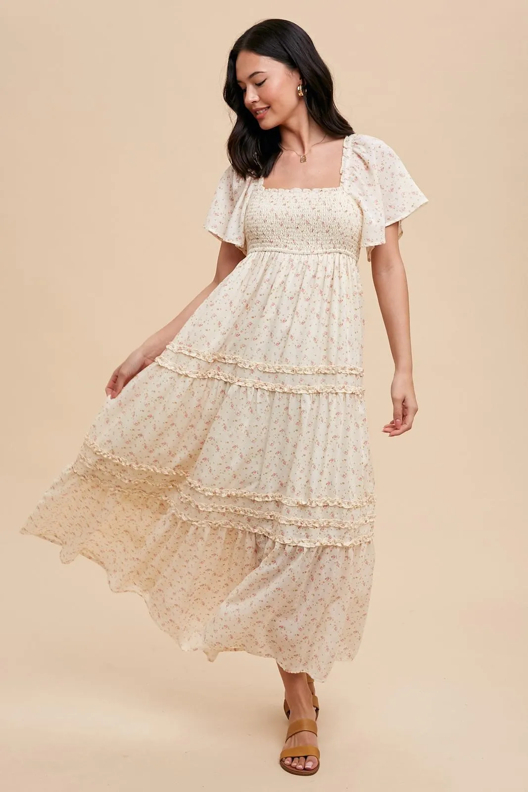 Cream Floral Smocked Square Neck Flutter Sleeve Maternity Midi Dress sold by Pinkblush product image thumbnail 5