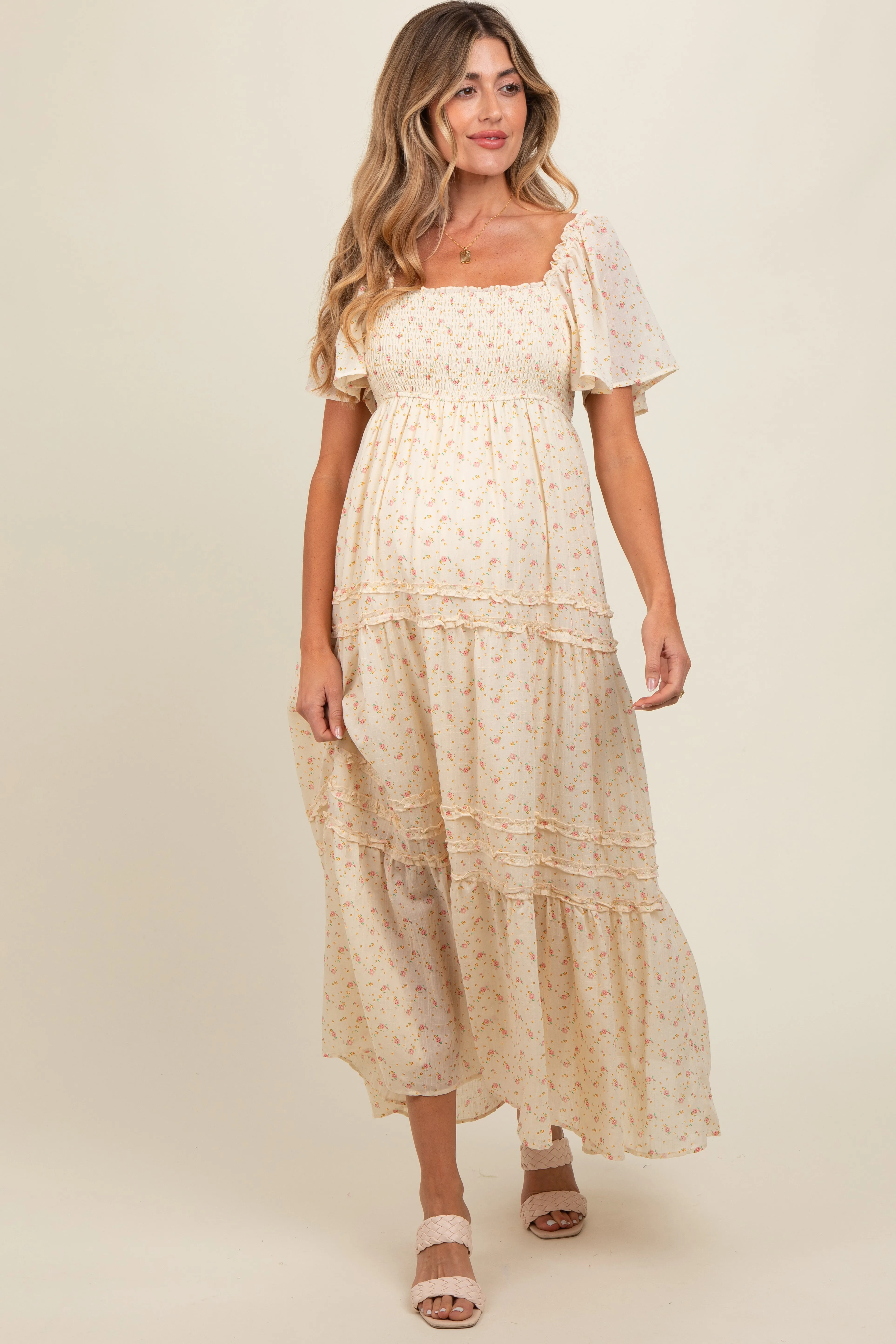 Cream Floral Smocked Square Neck Flutter Sleeve Maternity Midi Dress sold by Pinkblush product image thumbnail 2