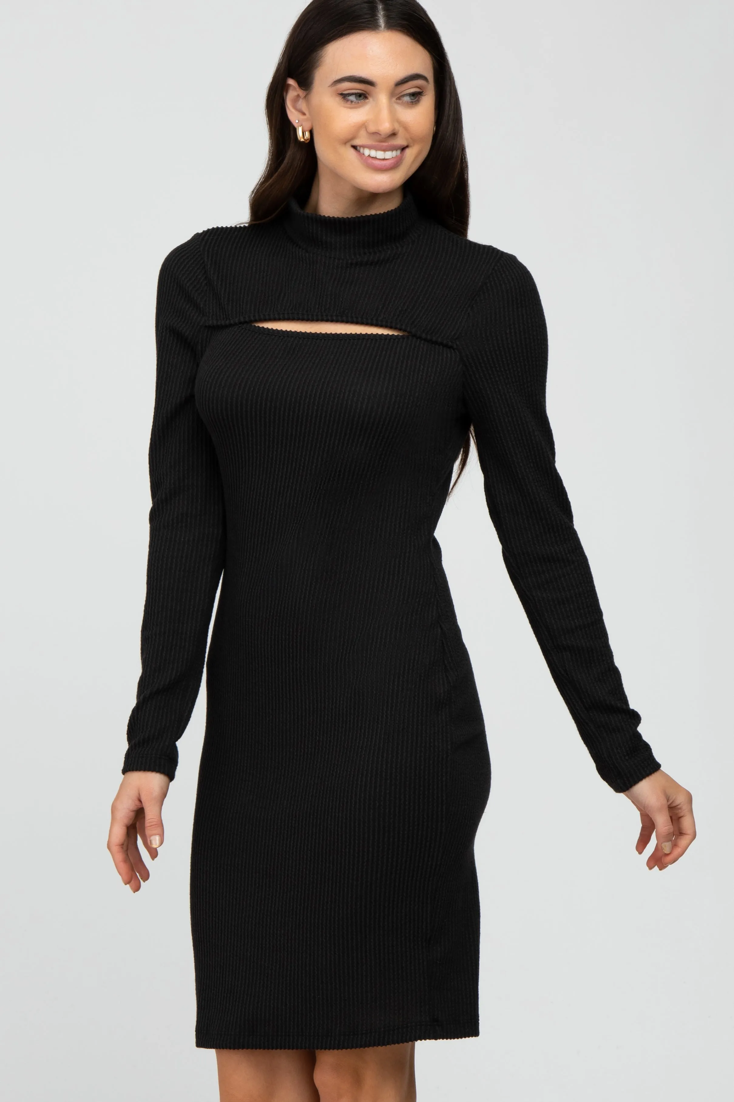 Black Ribbed Mock Neck Front Cutout Dress sold by Pinkblush product image thumbnail 3