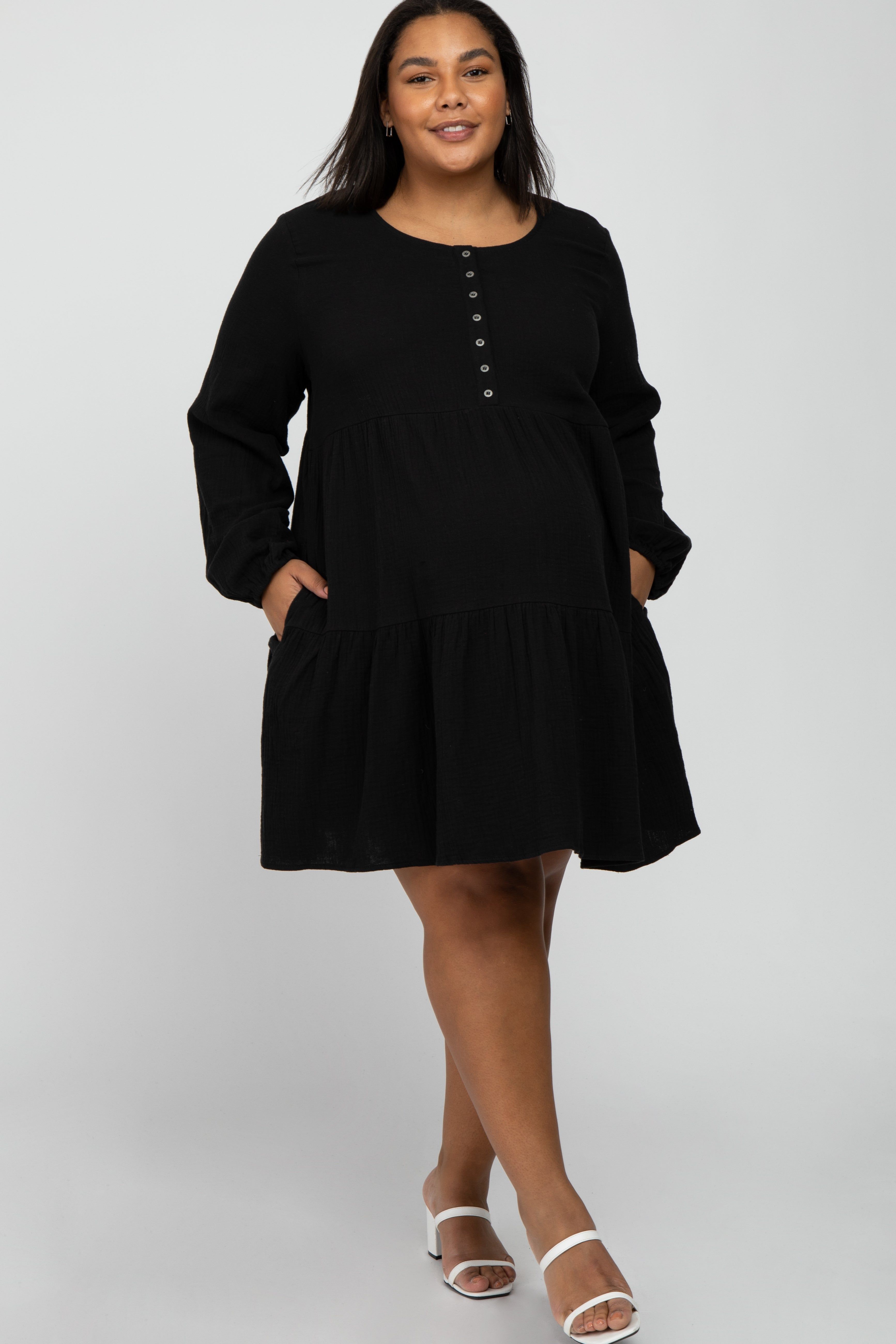 Black Gauze Button Front Tiered Maternity Plus Dress sold by Pinkblush