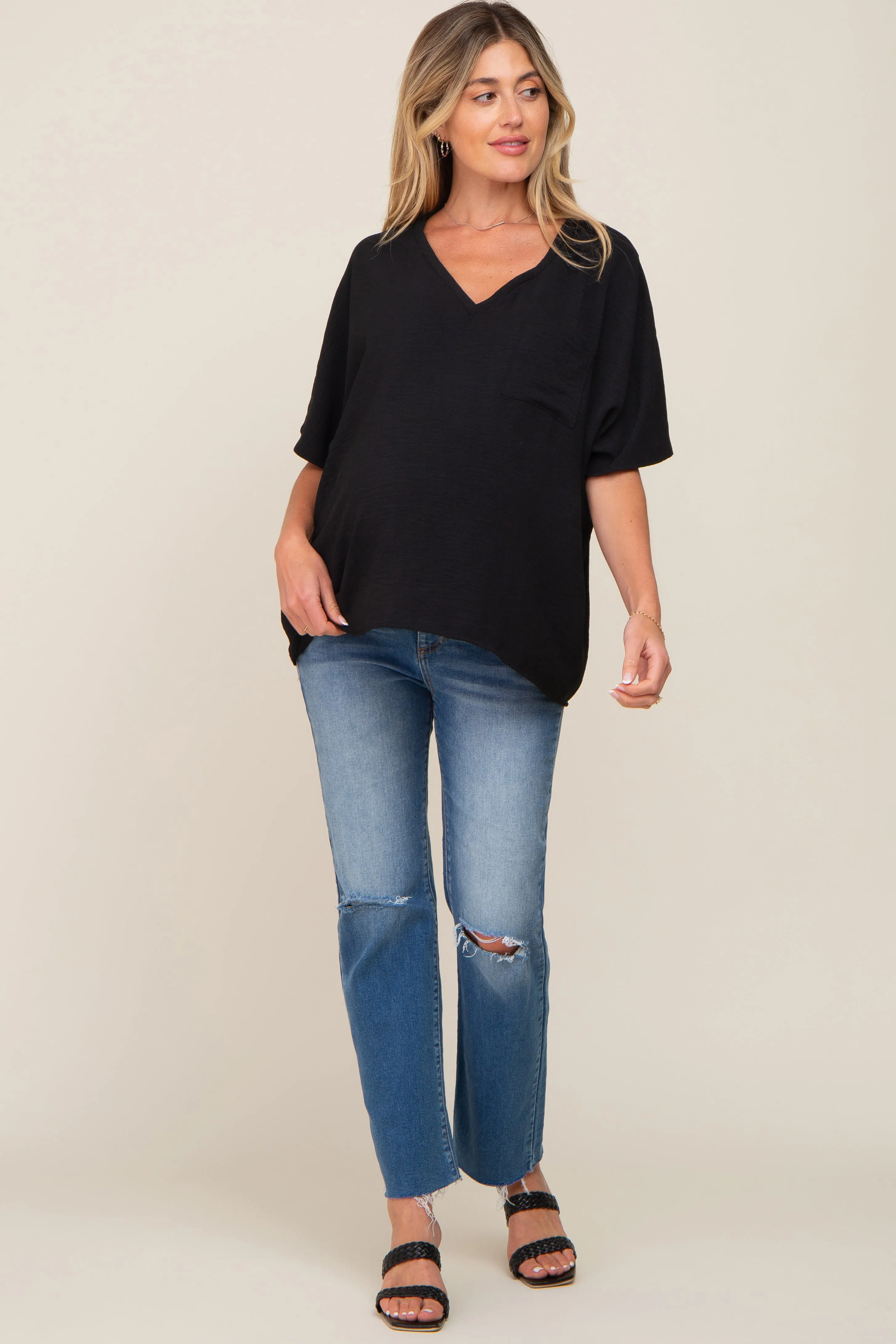 Black Oversized V-Neck Pocket Front Maternity Blouse sold by Pinkblush product image thumbnail 4