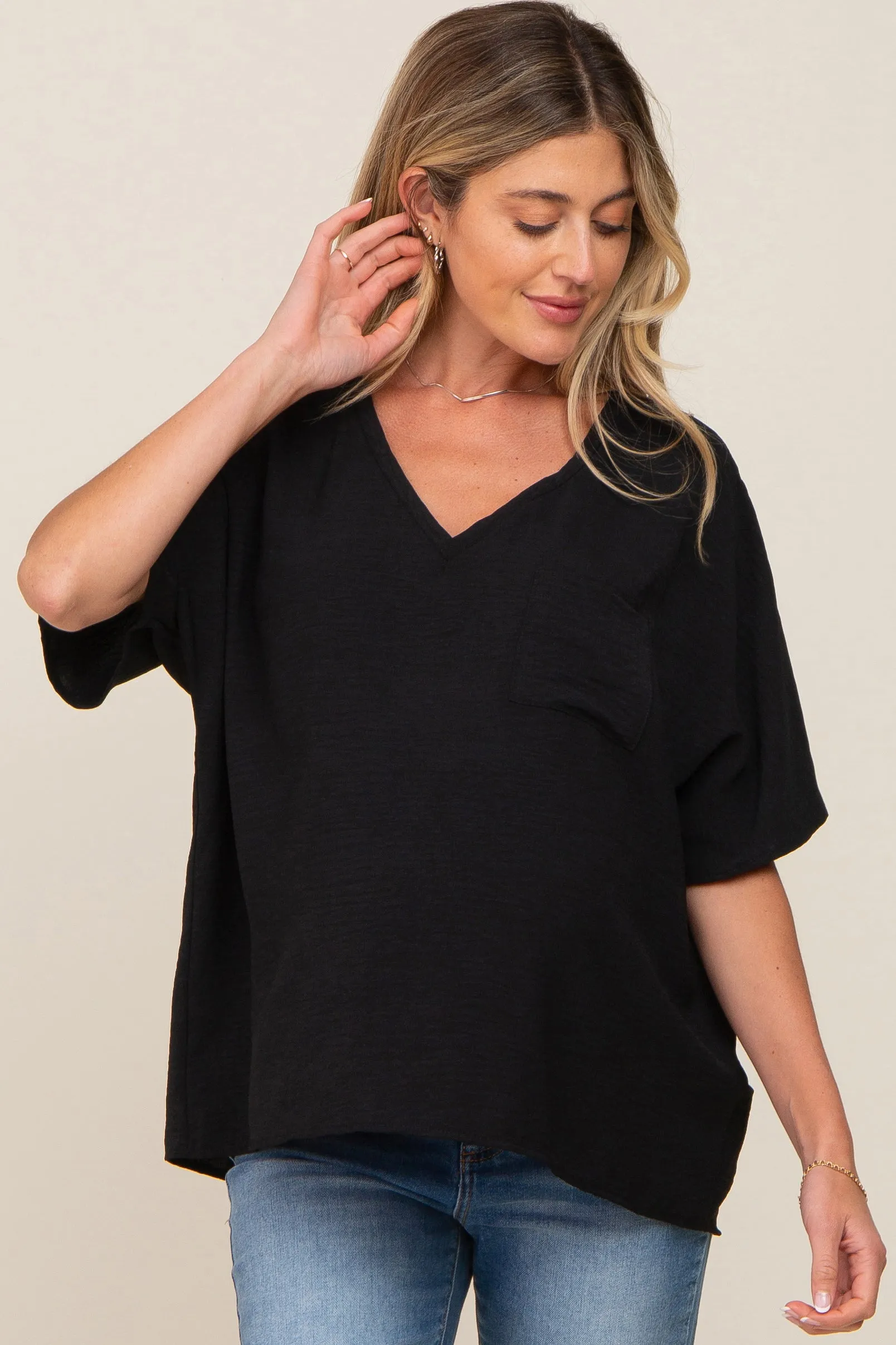 Black Oversized V-Neck Pocket Front Maternity Blouse sold by Pinkblush