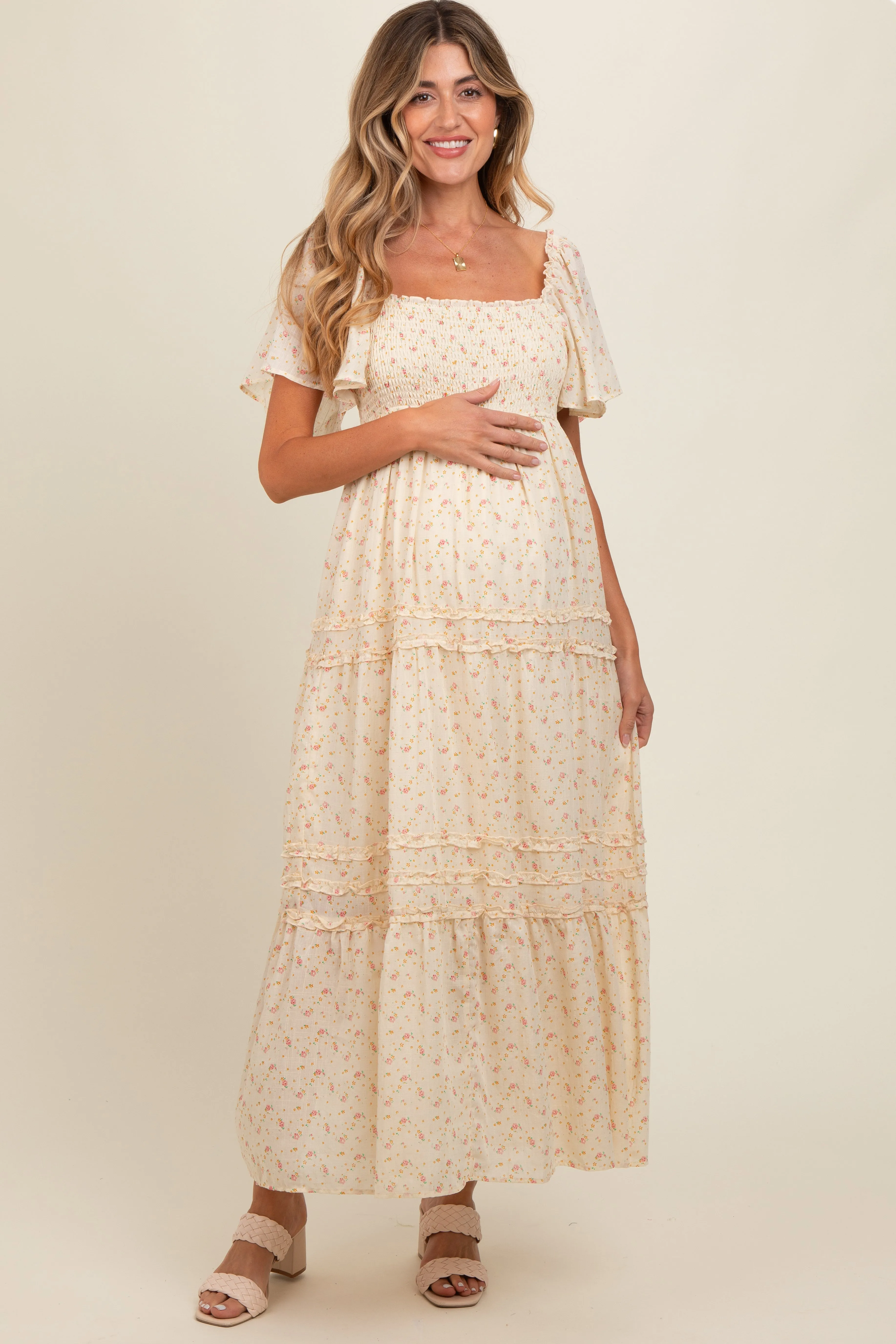 Cream Floral Smocked Square Neck Flutter Sleeve Maternity Midi Dress sold by Pinkblush