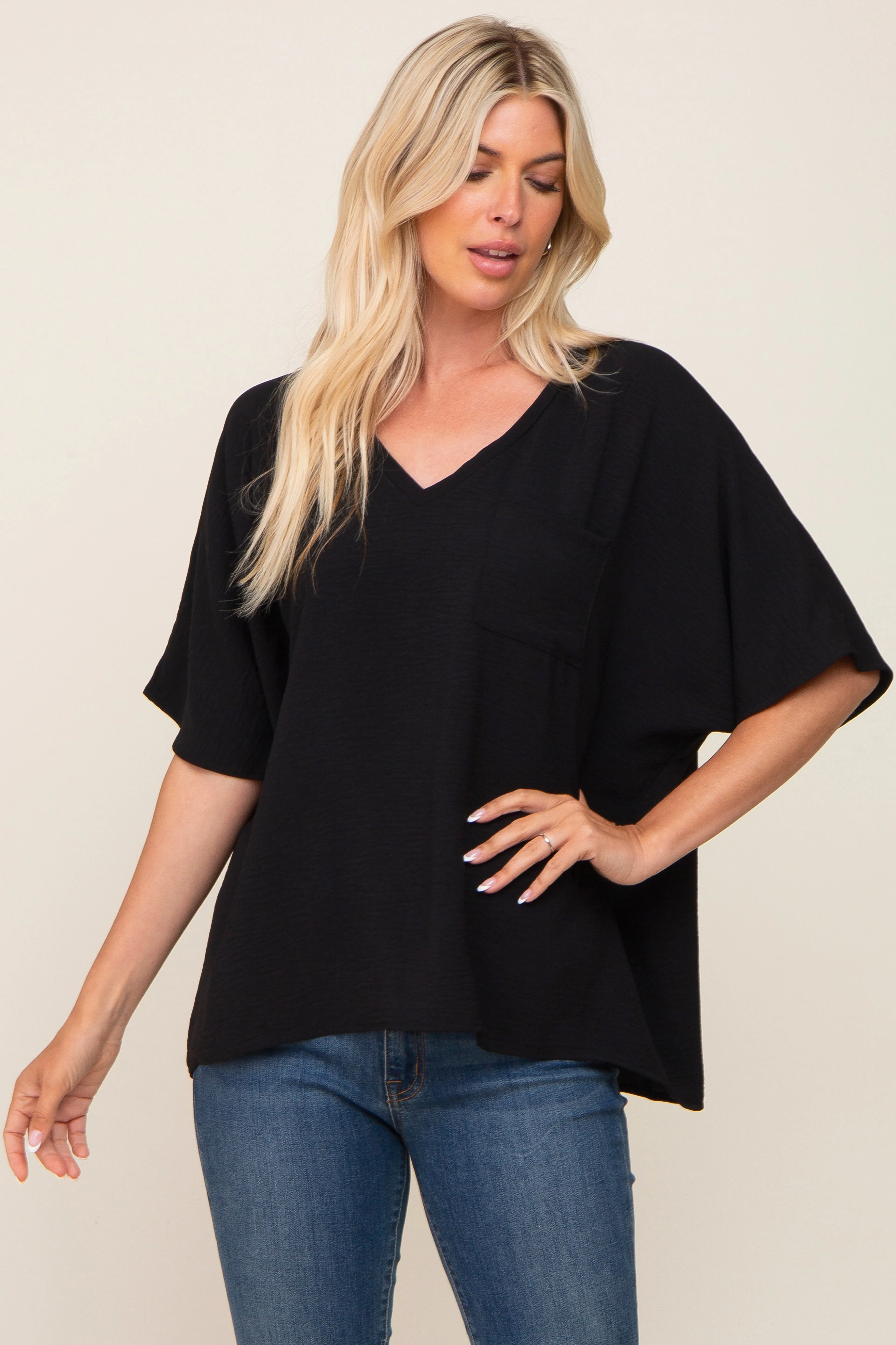 Black Oversized V-Neck Pocket Front Maternity Blouse sold by Pinkblush product image thumbnail 5