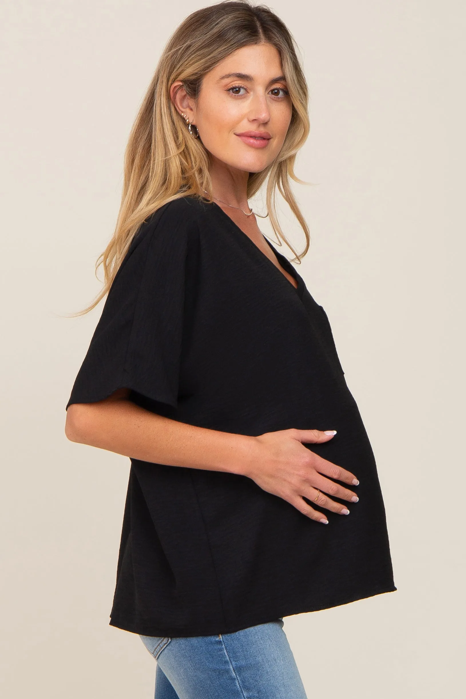 Black Oversized V-Neck Pocket Front Maternity Blouse sold by Pinkblush product image thumbnail 2