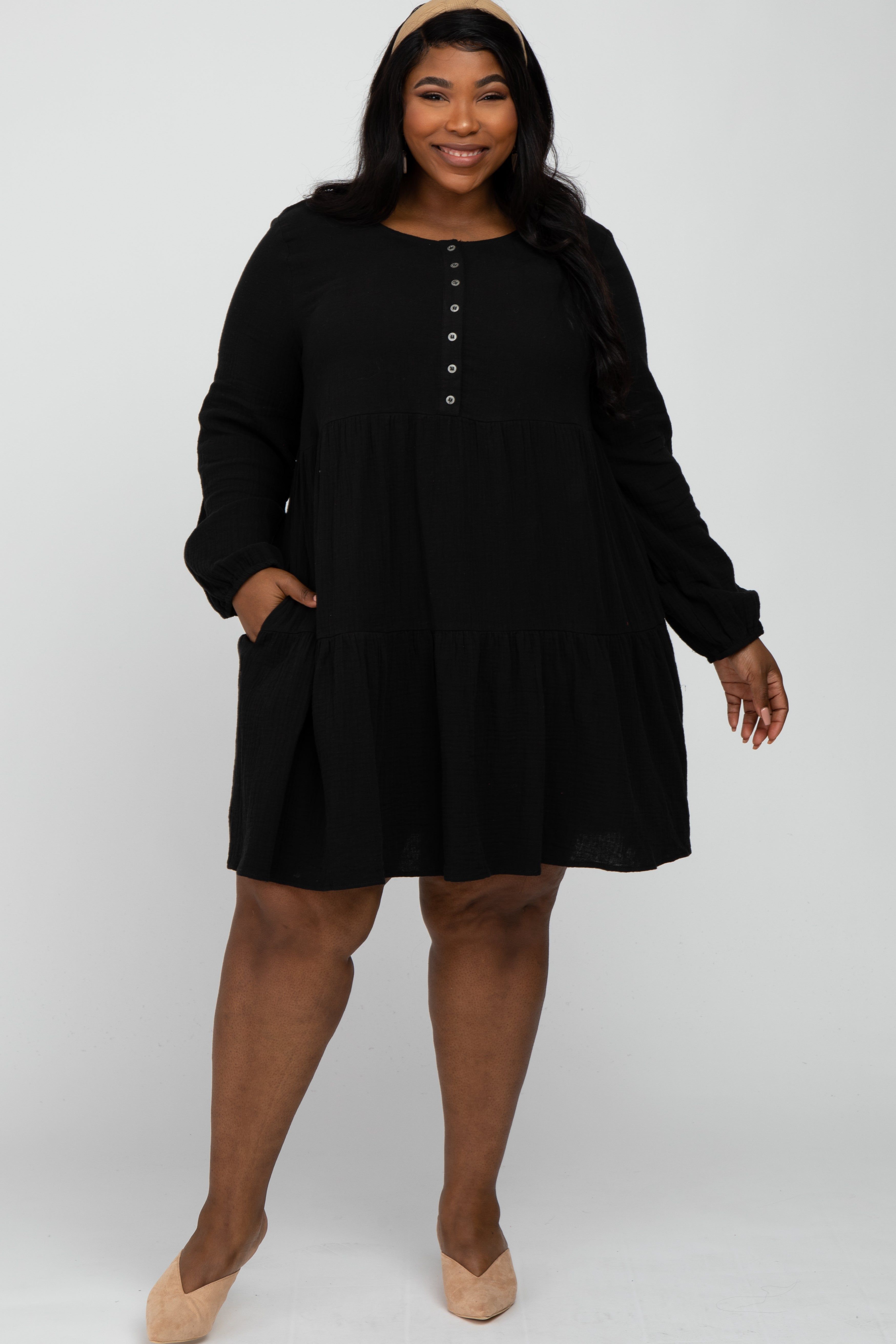 Black Gauze Button Front Tiered Maternity Plus Dress sold by Pinkblush product image thumbnail 4