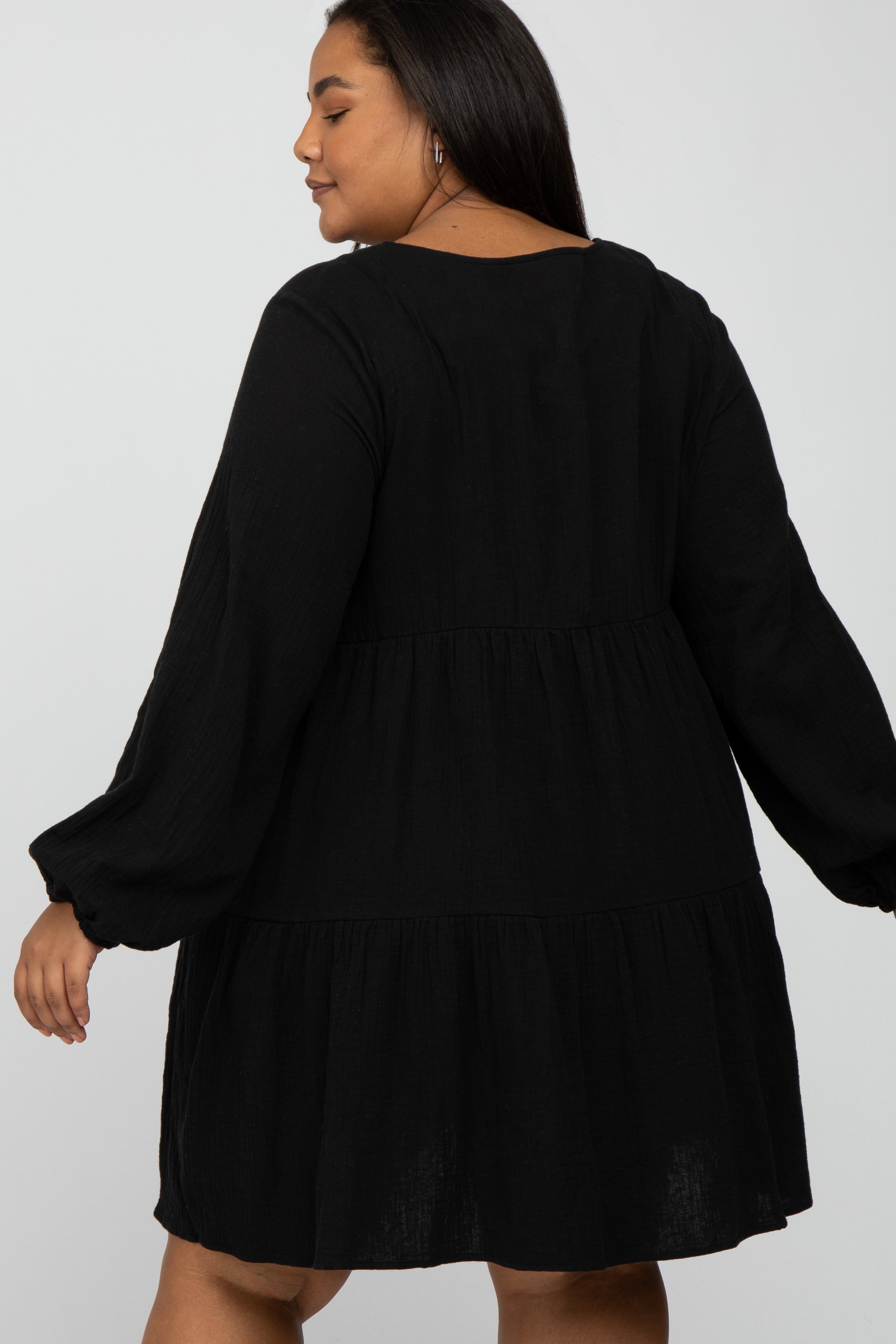 Black Gauze Button Front Tiered Maternity Plus Dress sold by Pinkblush product image thumbnail 2