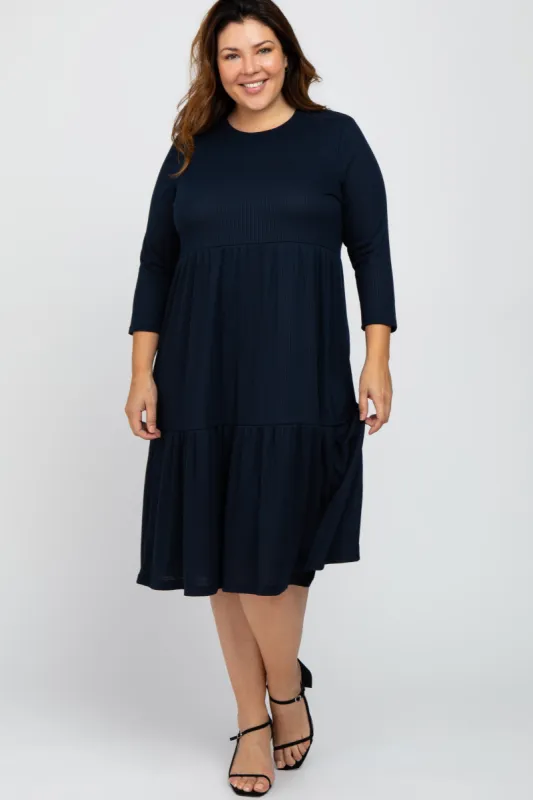Navy Tiered Ribbed 3/4 Sleeve Plus Midi Dress sold by Pinkblush