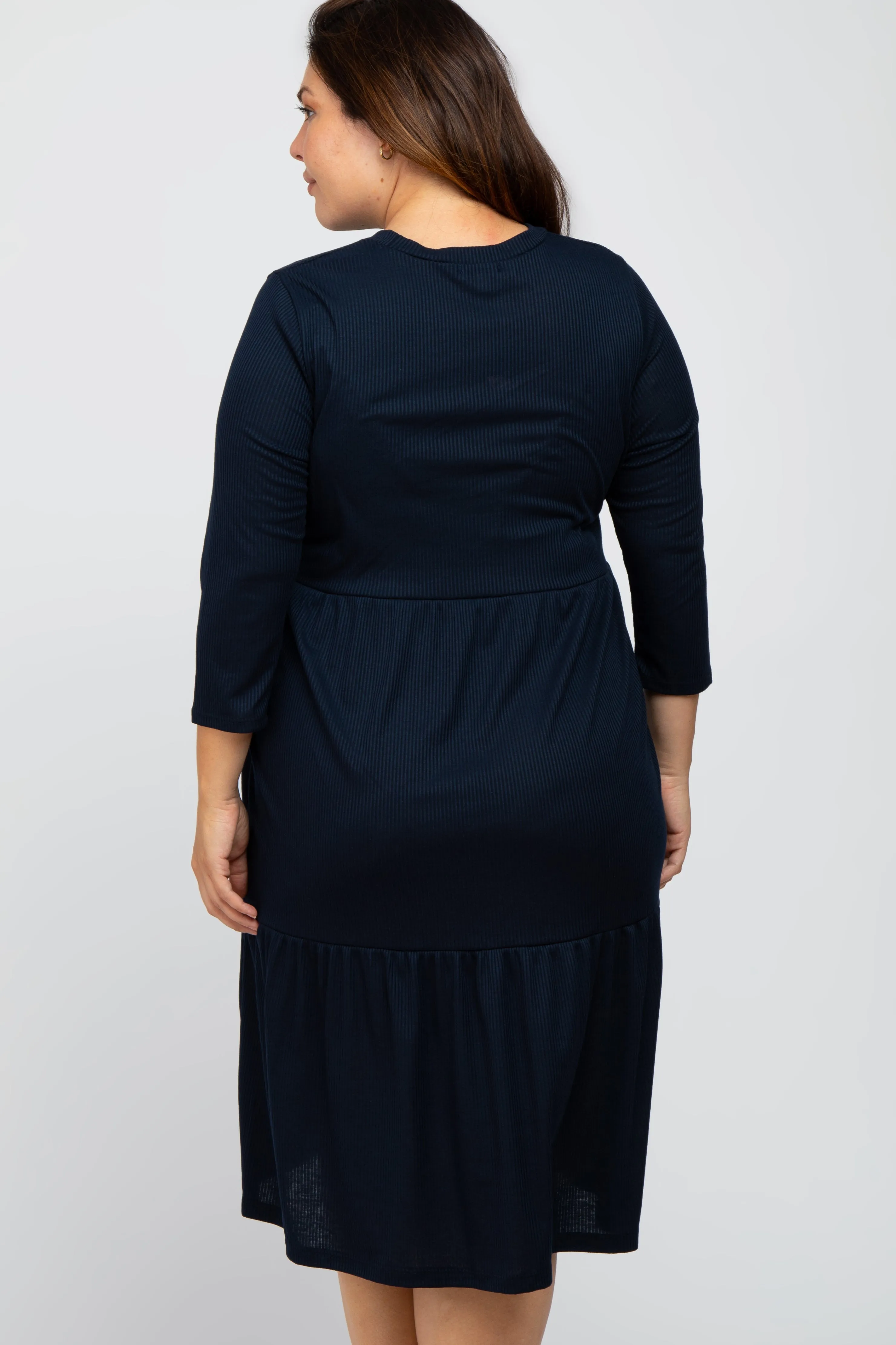 Navy Tiered Ribbed 3/4 Sleeve Plus Midi Dress sold by Pinkblush product image thumbnail 3