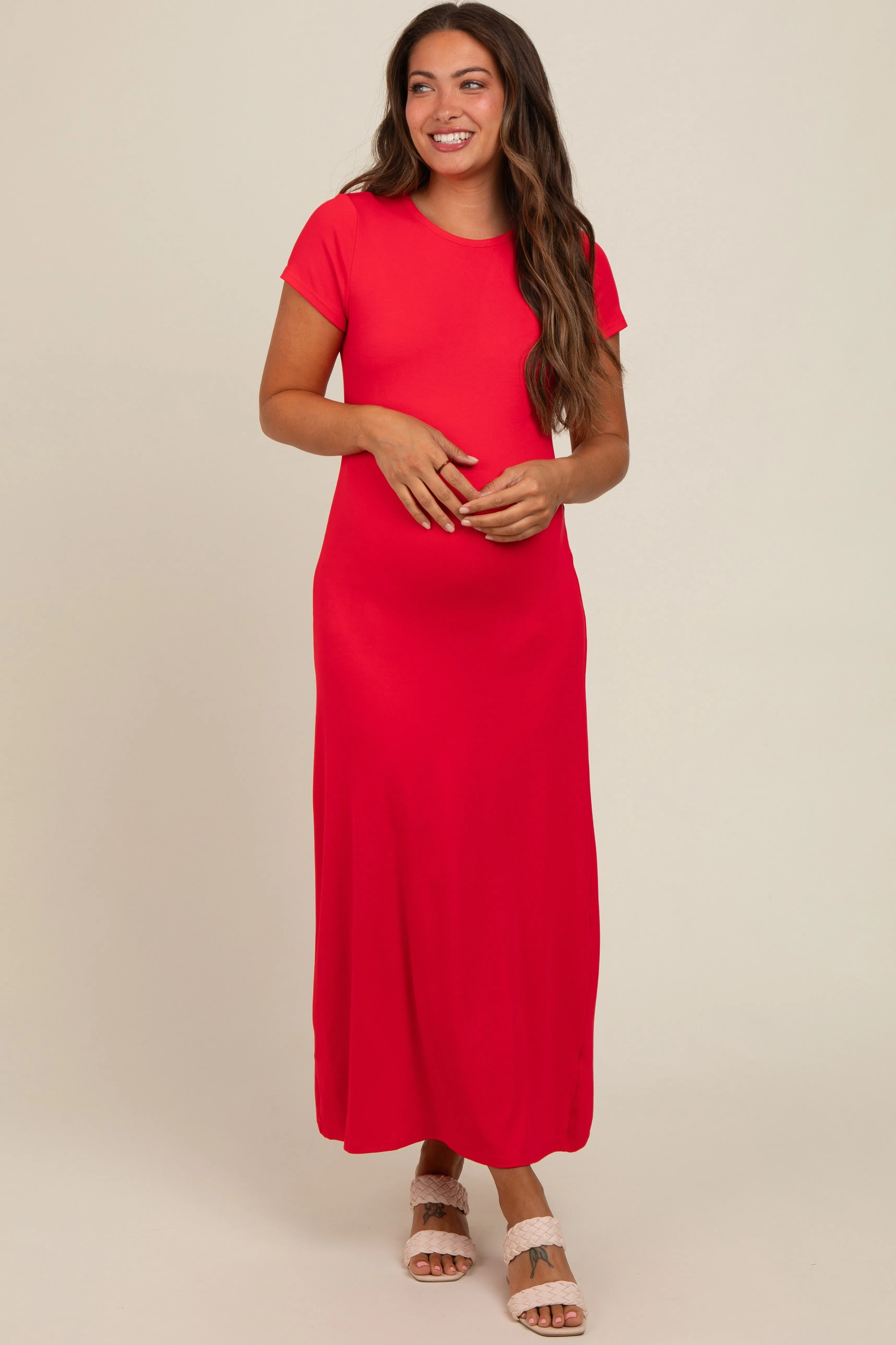 Red Short Sleeve Maternity Midi T-Shirt Dress sold by Pinkblush