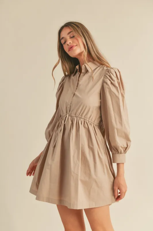 Beige Button Down Puff Sleeve Mini Dress sold by Pinkblush