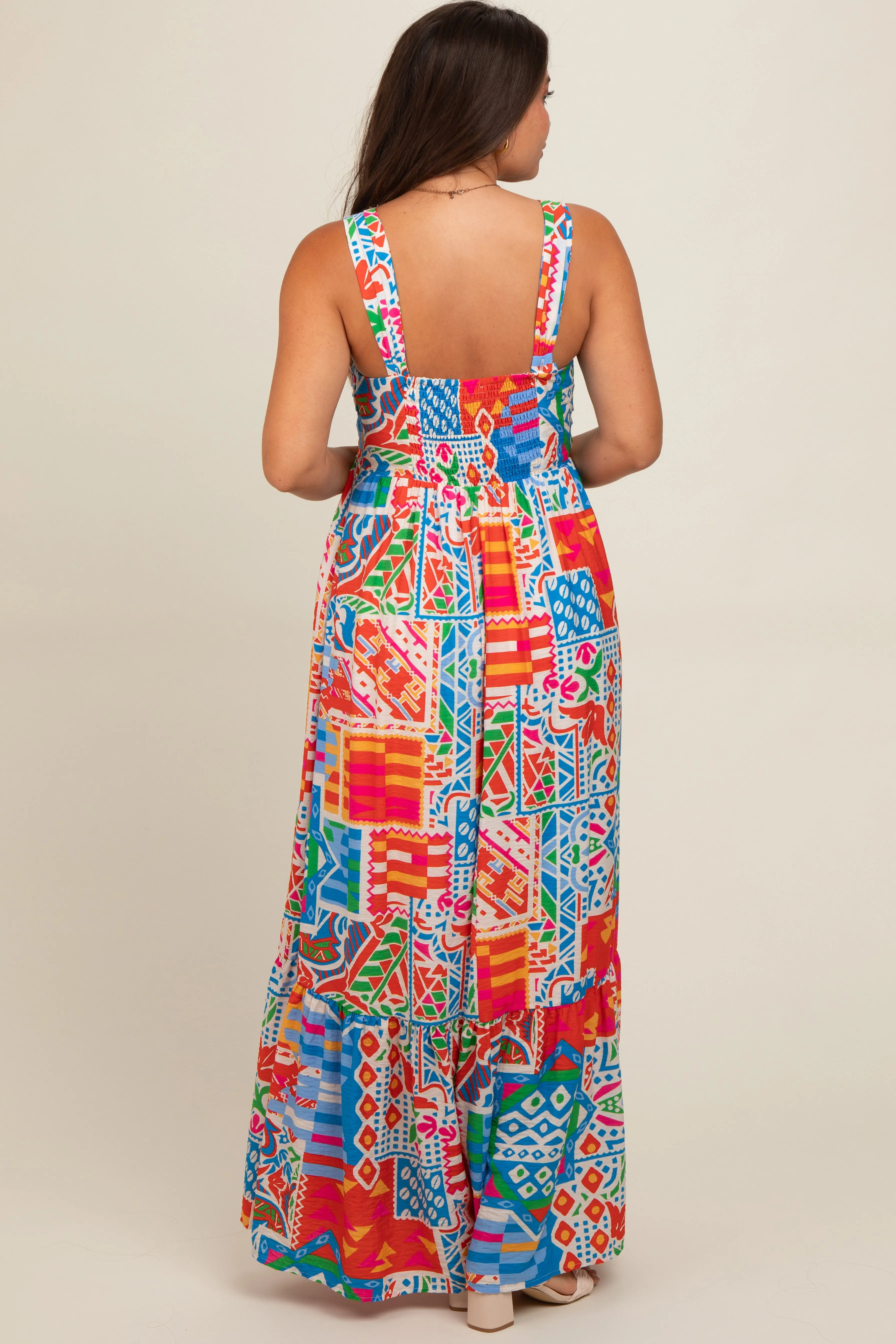 Blue Multi-Color Abstract Print Tiered Maternity Maxi Dress sold by Pinkblush product image thumbnail 3