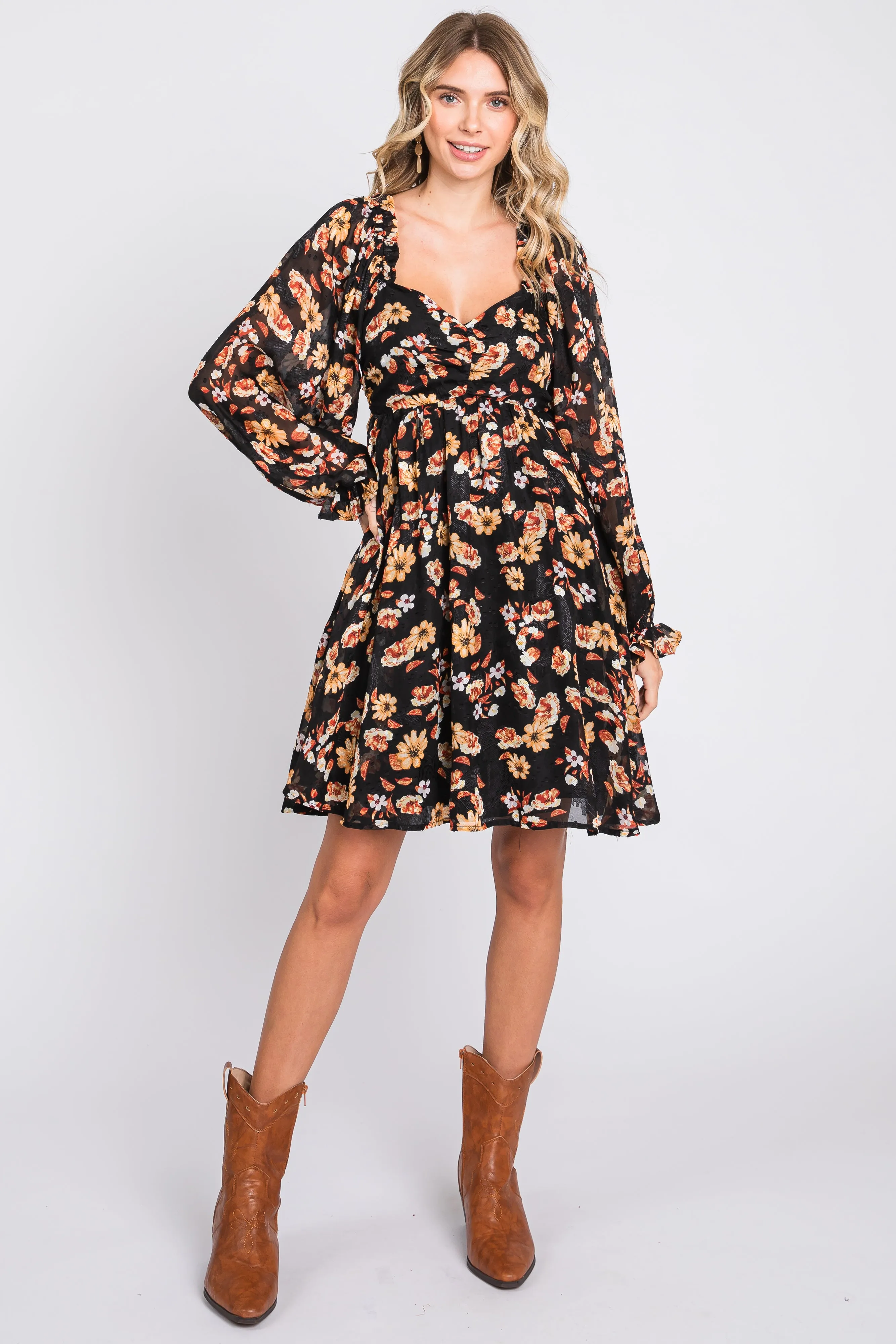 Black Floral Chiffon Sweetheart Neck Long Puff Sleeve Dress sold by Pinkblush product image thumbnail 4