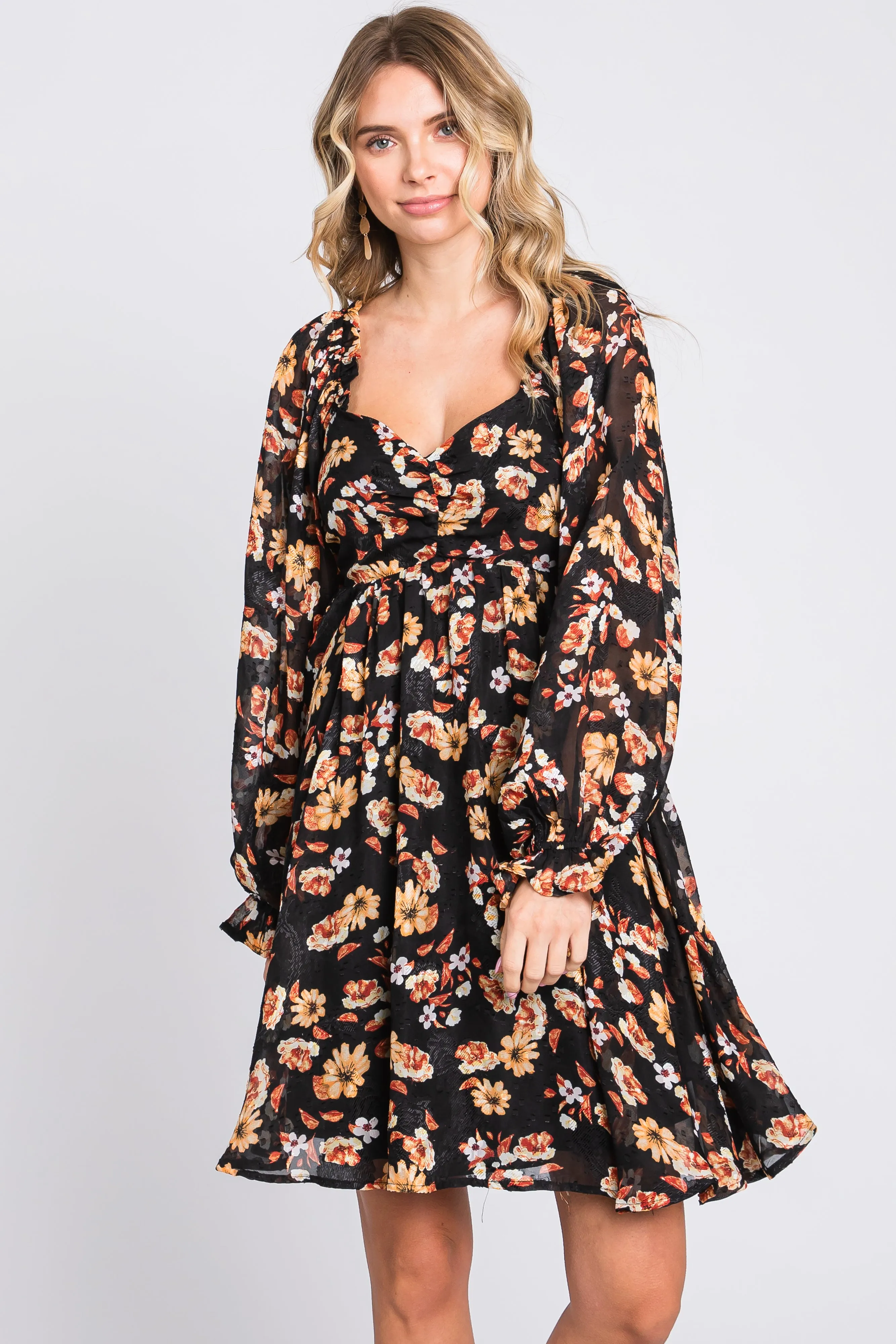 Black Floral Chiffon Sweetheart Neck Long Puff Sleeve Dress sold by Pinkblush